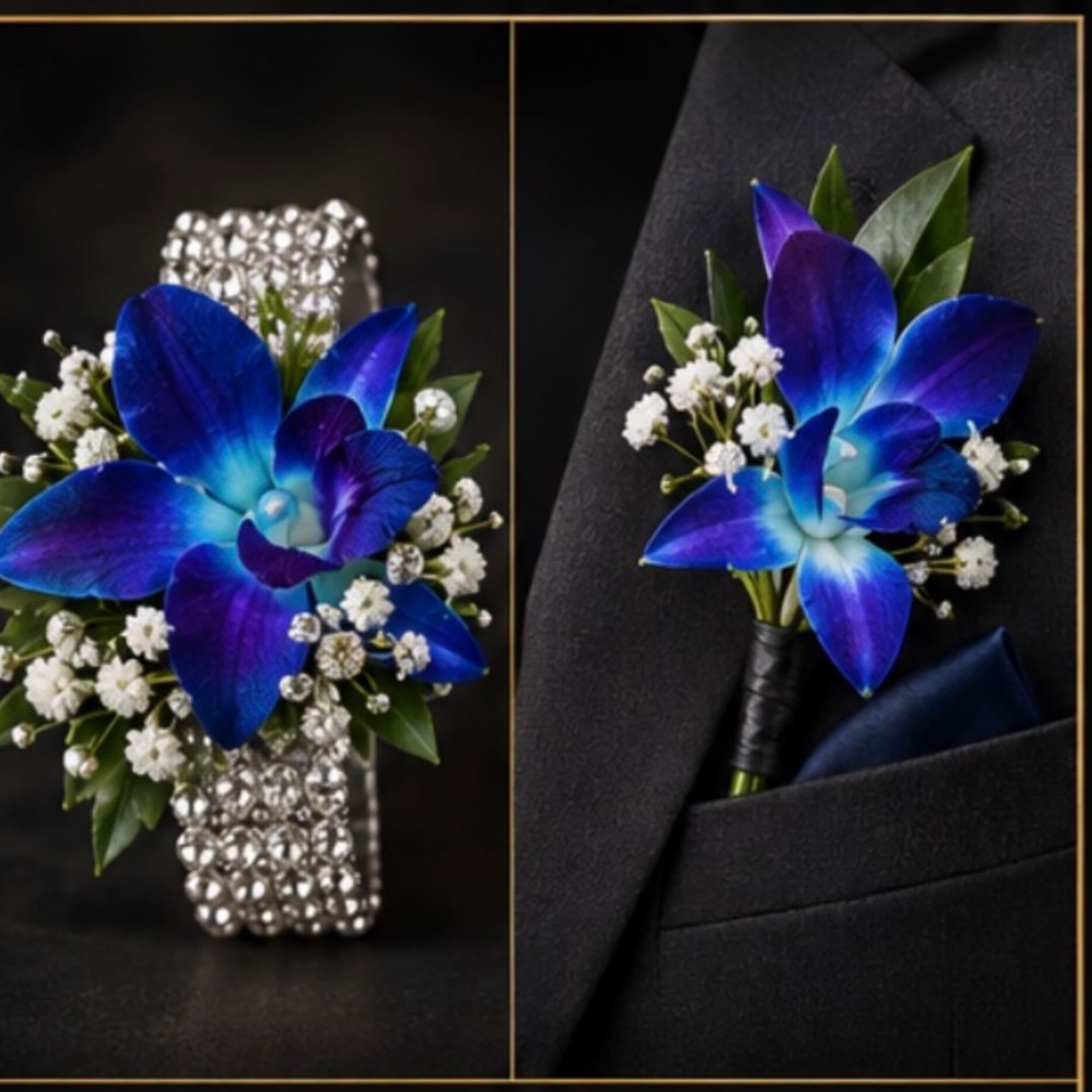 Blue orchid boutonniere with white filler flowers and green leaves