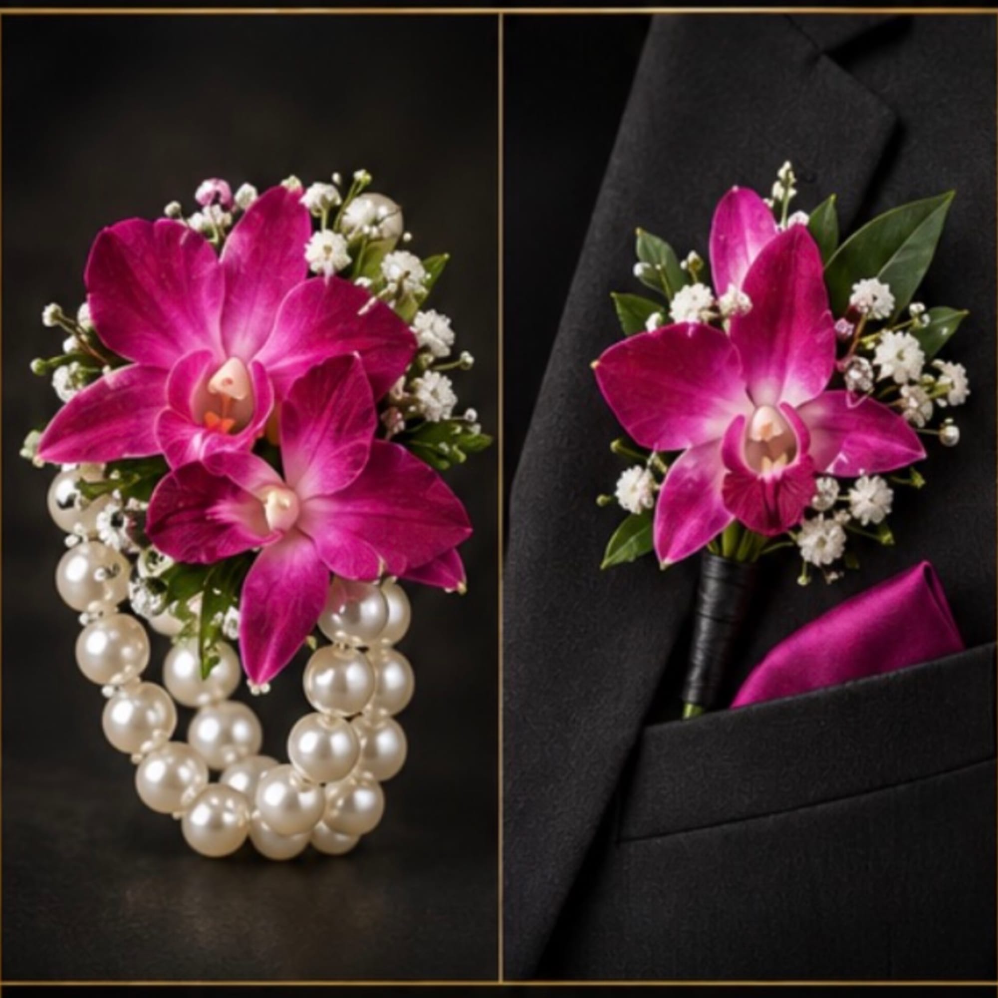 Magenta orchid boutonniere with white baby's breath and pearl accents