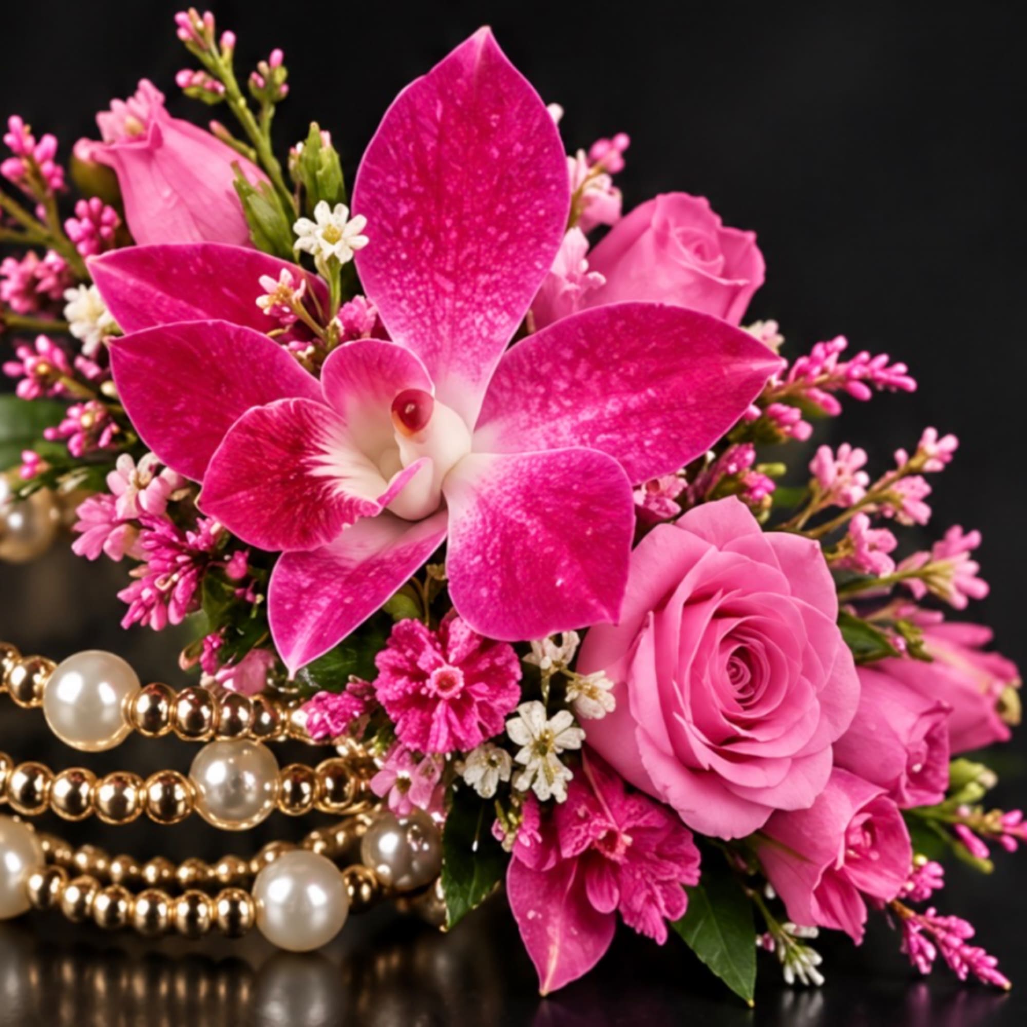 Pink orchid and rose bouquet with pearl and gold bead strands