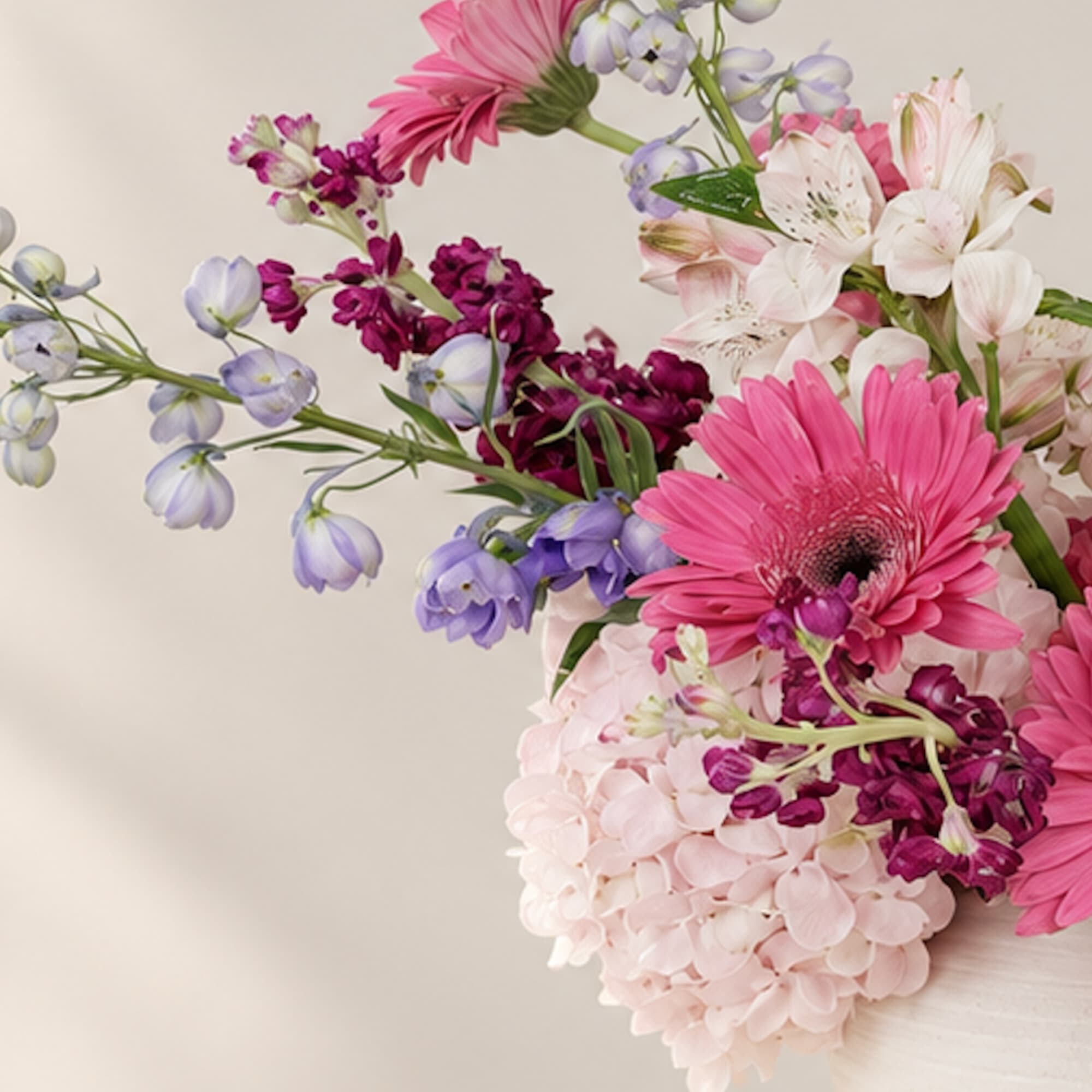 Pink and lavender mixed bouquet with gerbera daisies, hydrangea, and alstroemeria