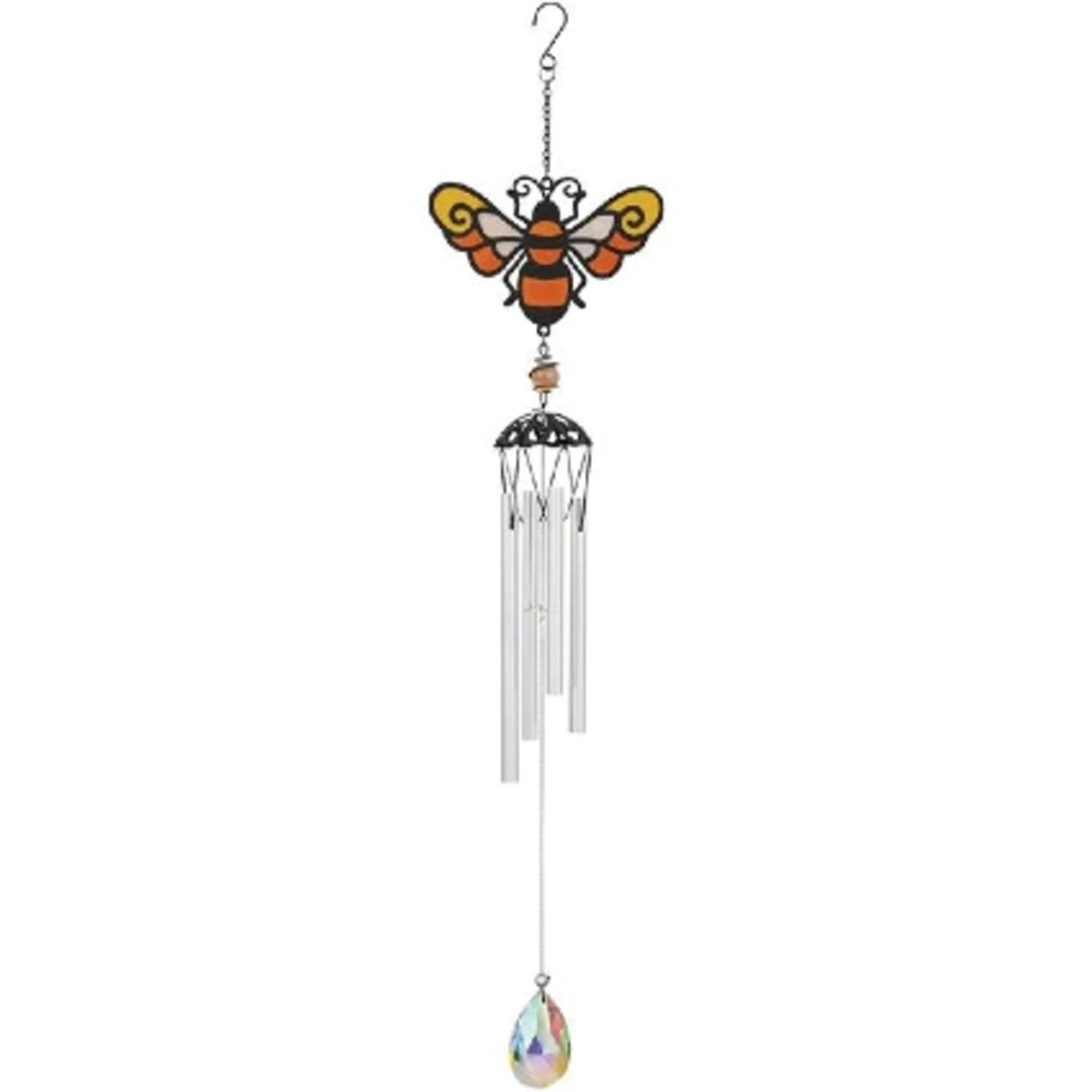 Bee-themed metal wind chime with silver tubes and a hanging faceted crystal prism