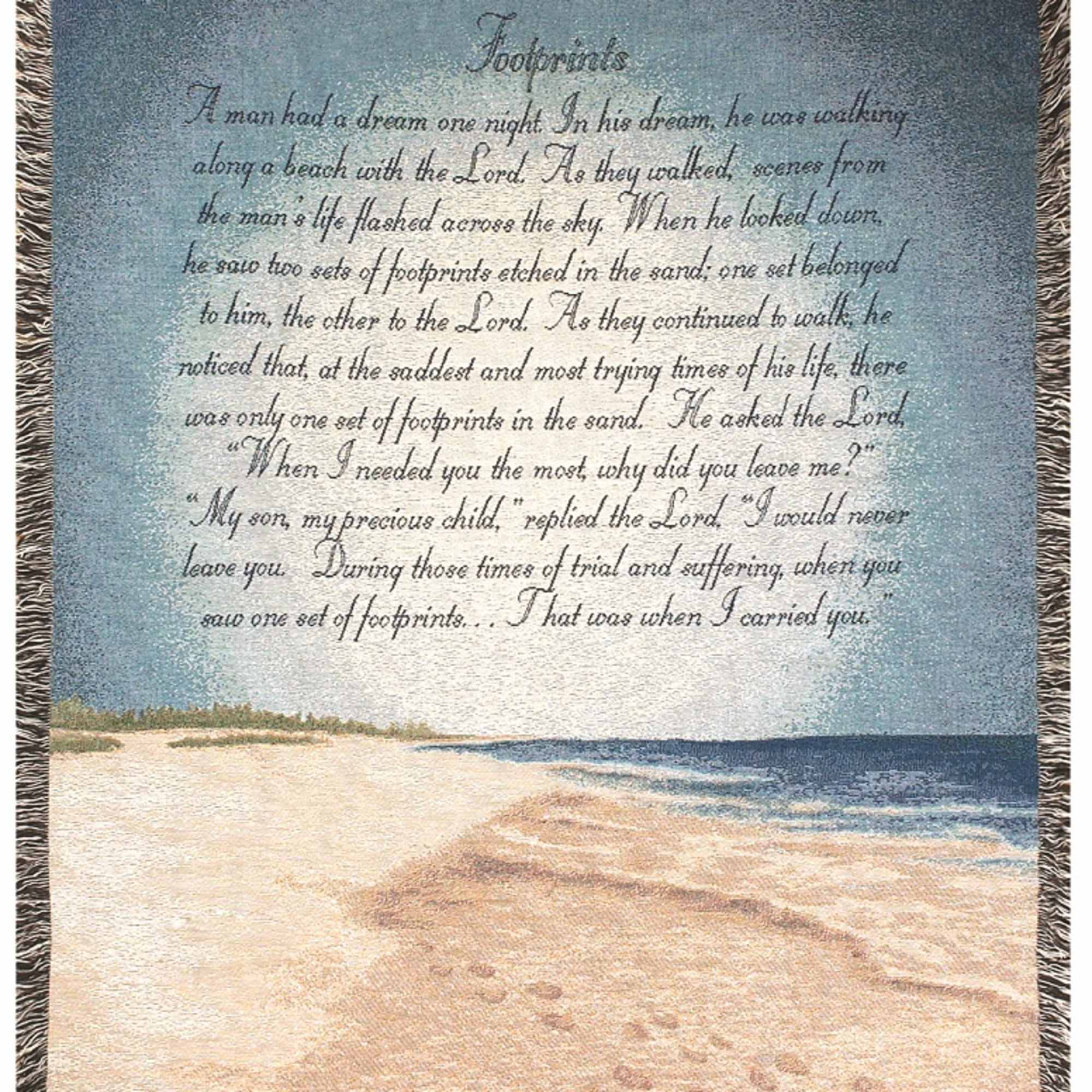 A woven blanket with a beach scene and printed poem text