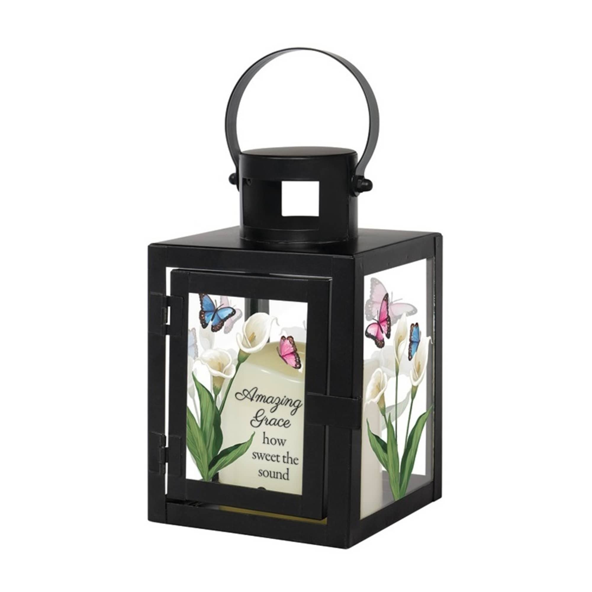 Black lantern with floral panels and the words Amazing Grace