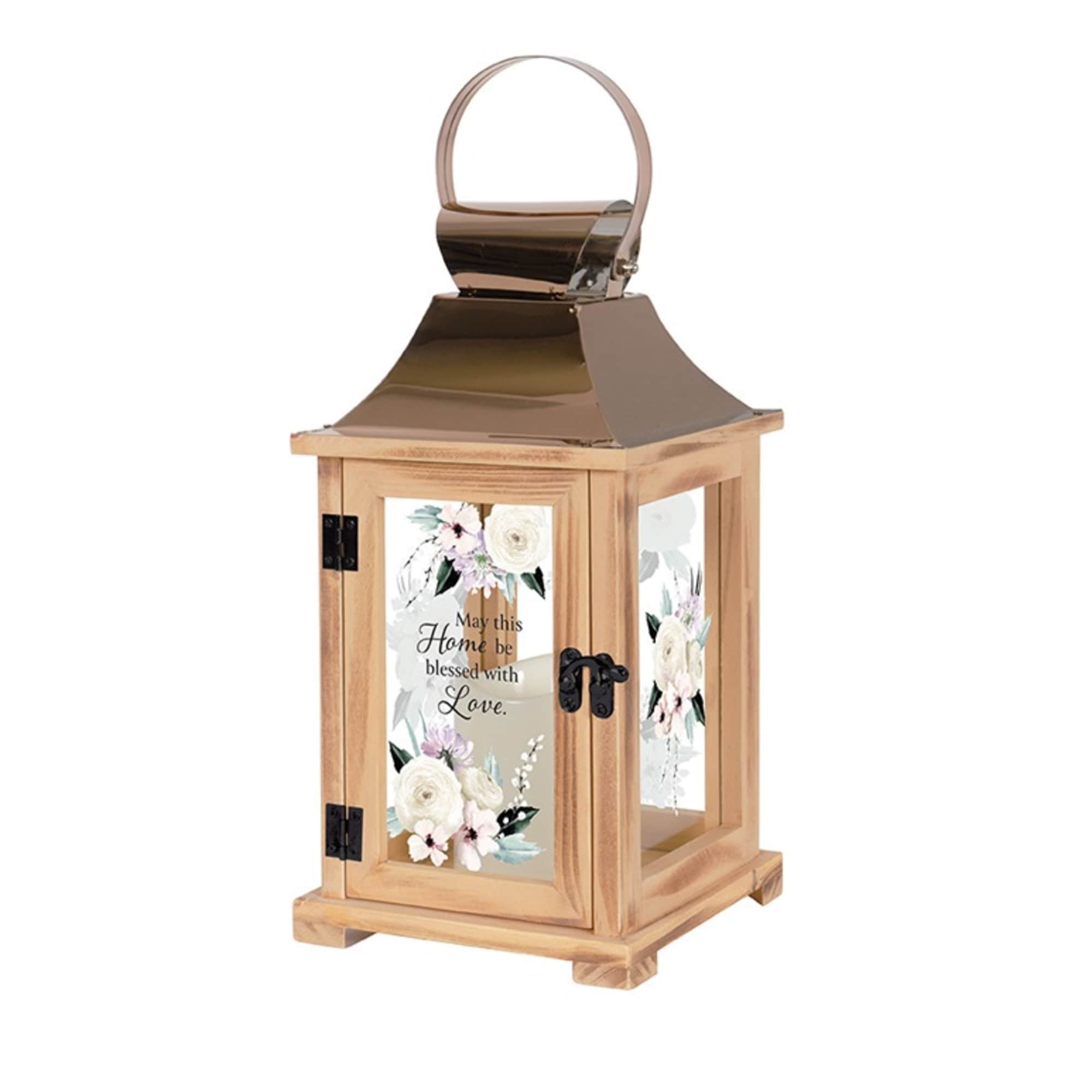 Wooden lantern with floral print and a metal handle