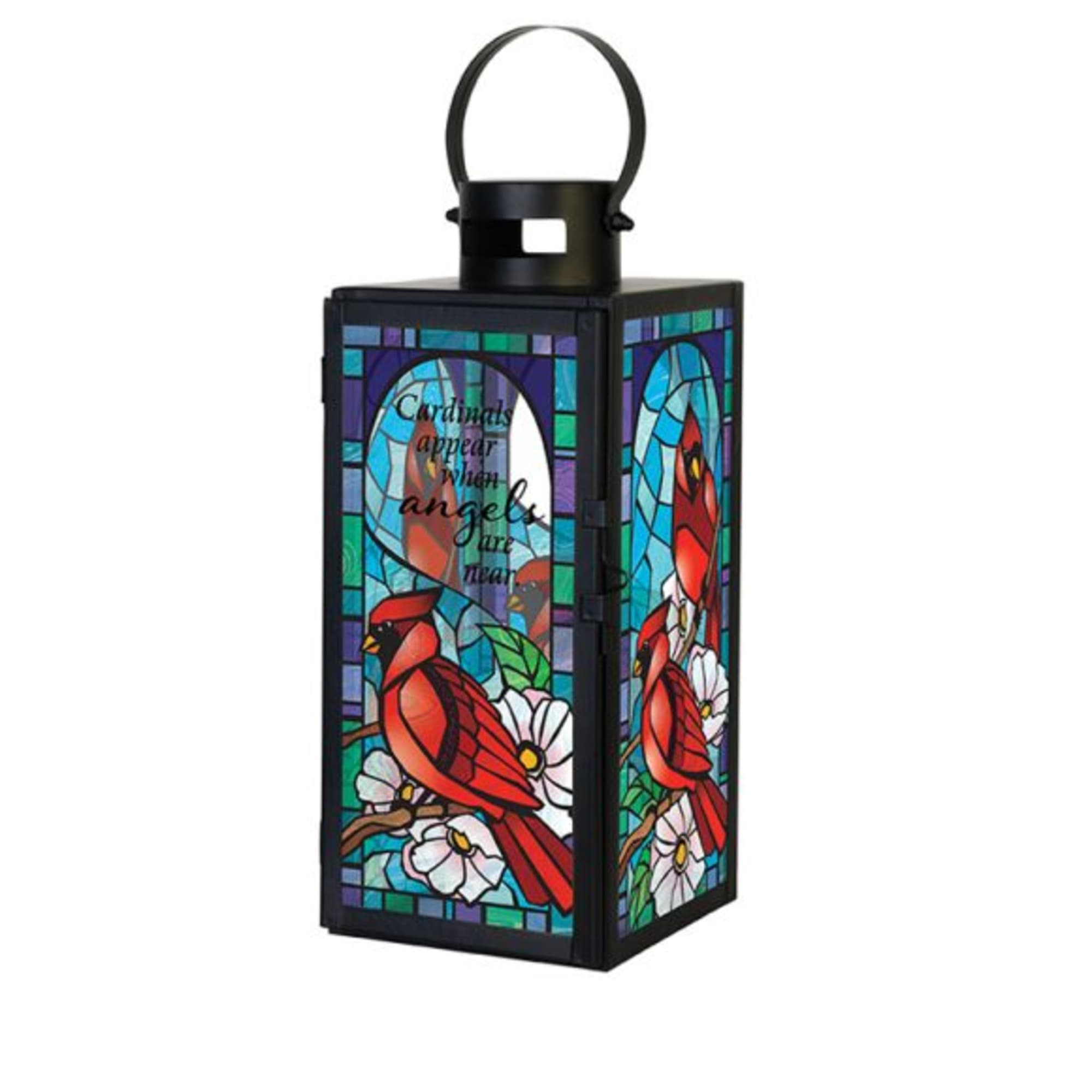 Decorative lantern with cardinal and flower stained-glass panels