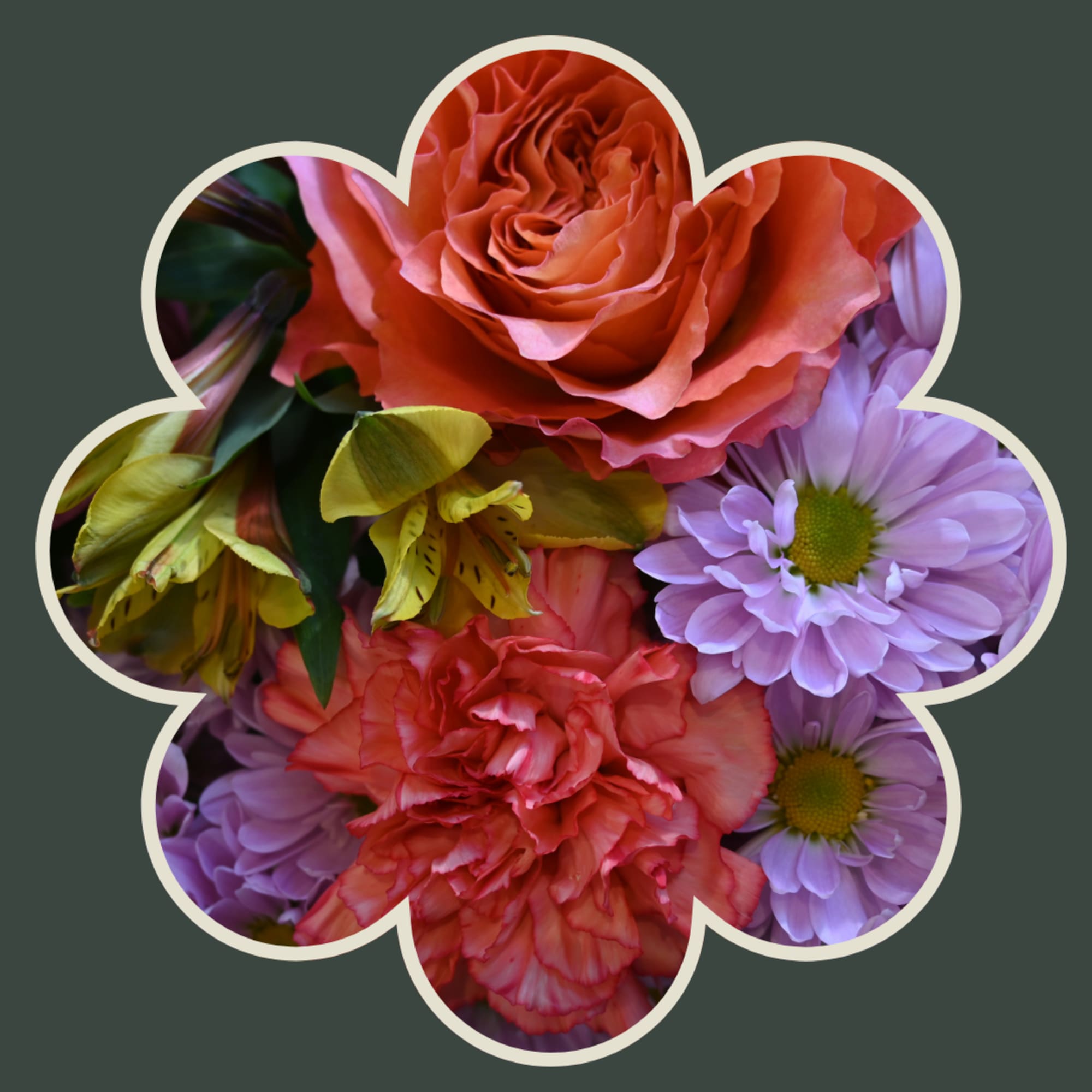 Mixed flowers arranged in a flower-shaped frame