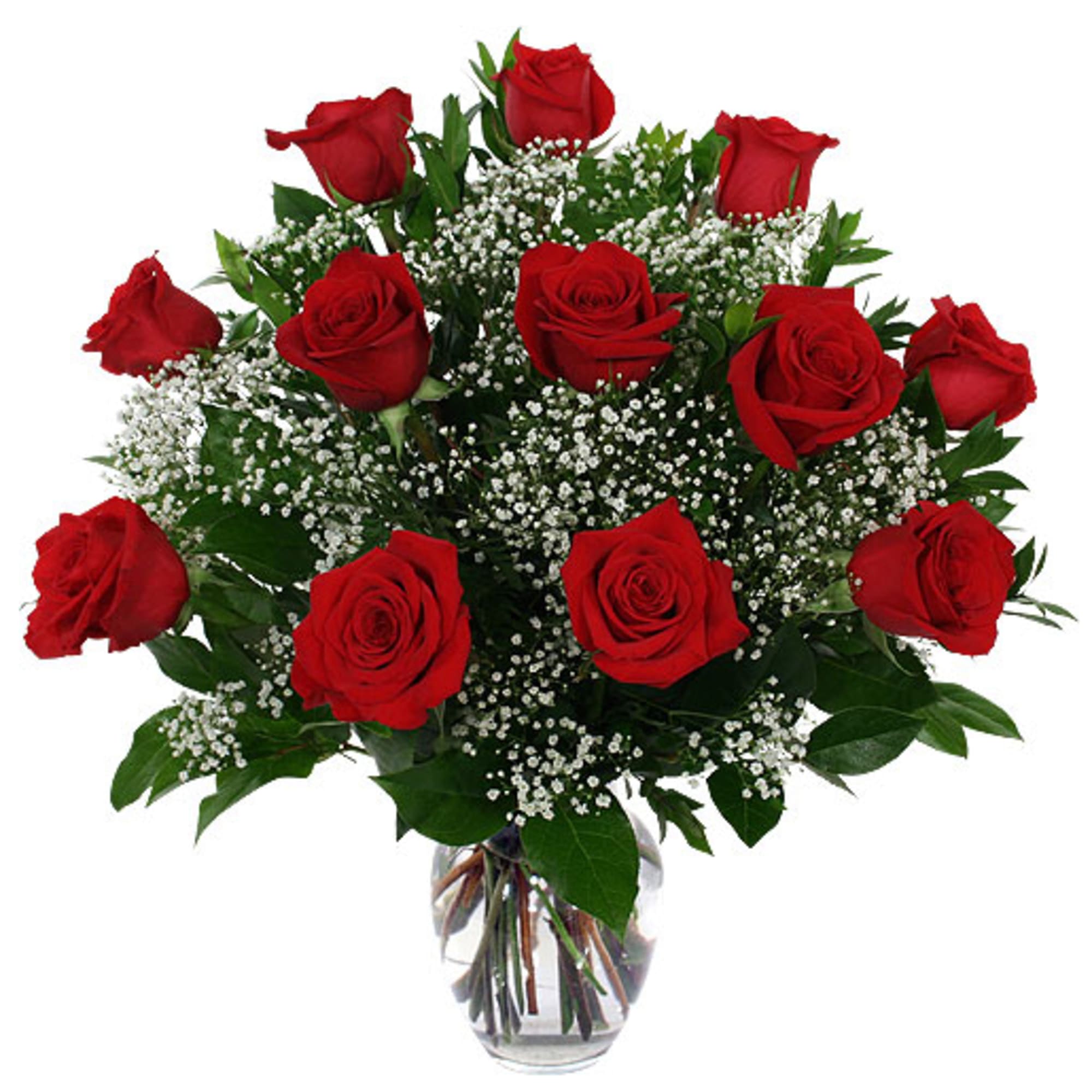Red roses and baby's breath in a clear glass vase