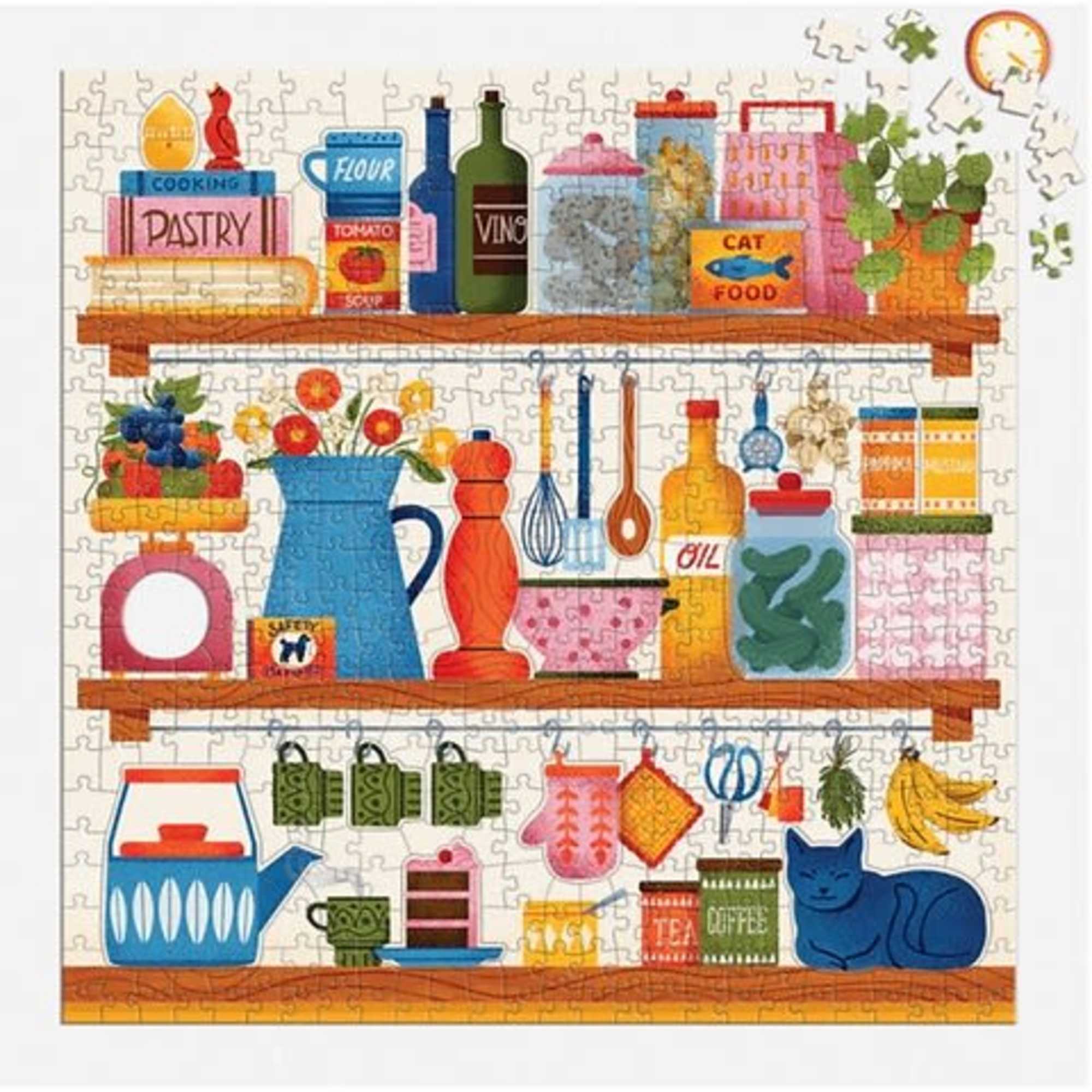 Colorful kitchen-themed puzzle with shelves of jars, utensils, and a cat