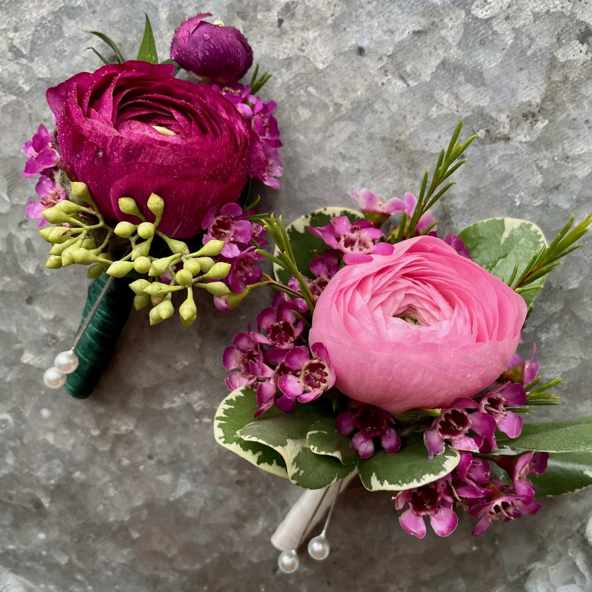 Boutonniere featuring a ranunculus with accent flowers and foliage. We can customize, photo 2 of 3