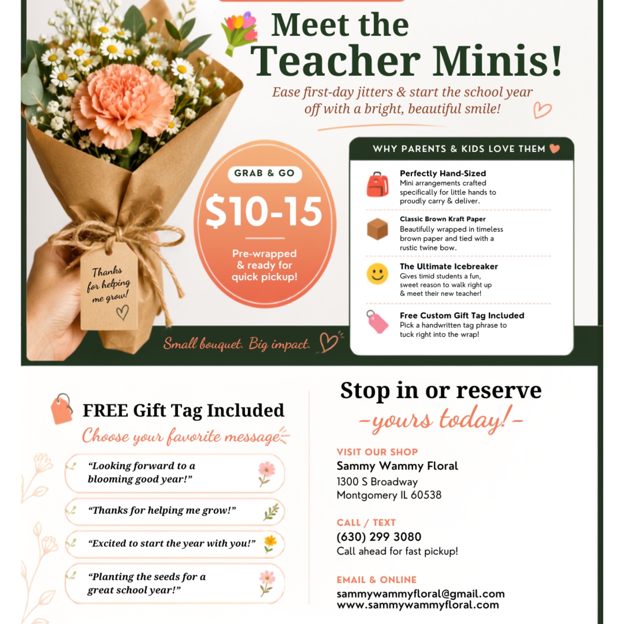 Mini bouquet of daisies and a peach carnation wrapped in brown paper
