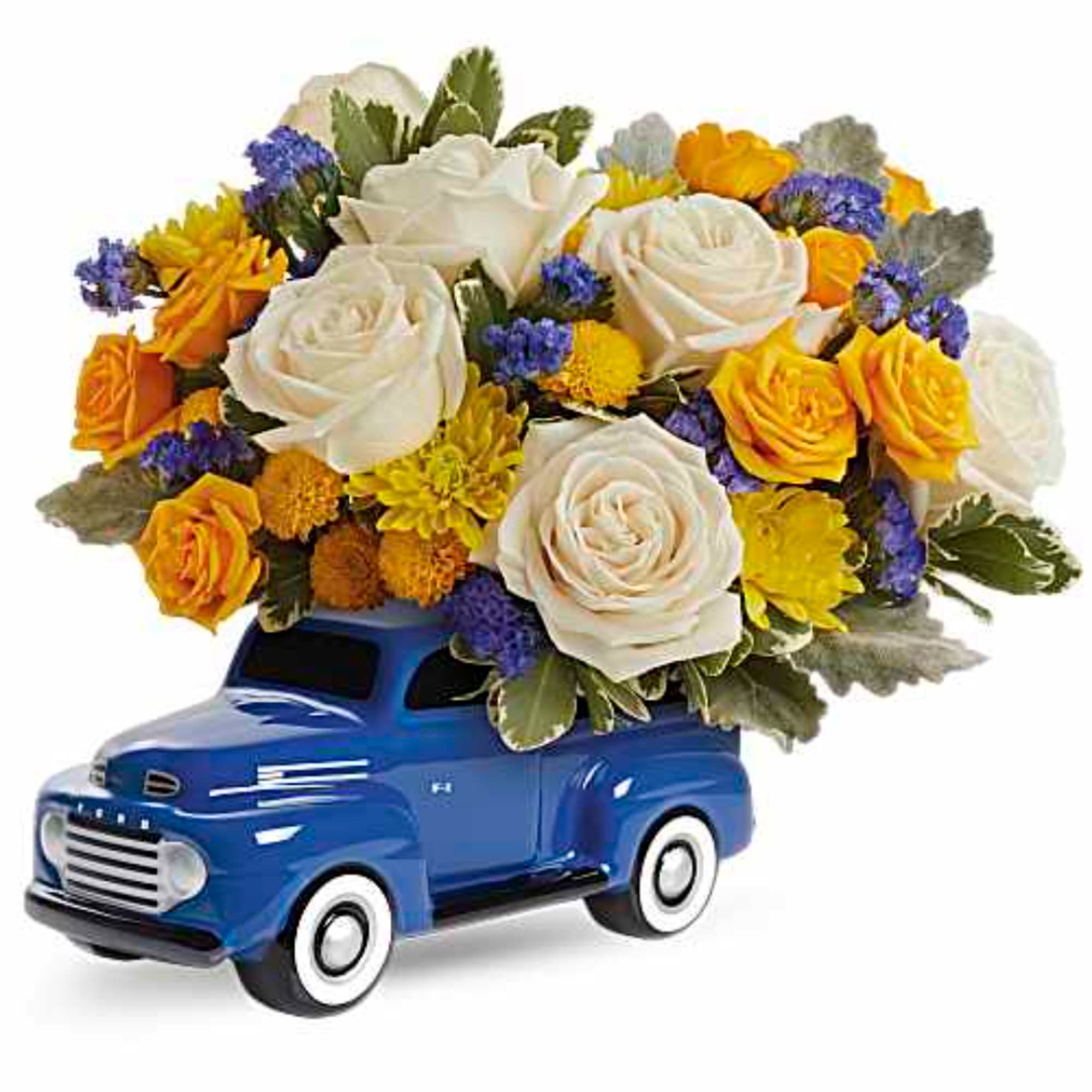 Bouquet of white, yellow, and purple flowers in a blue toy truck