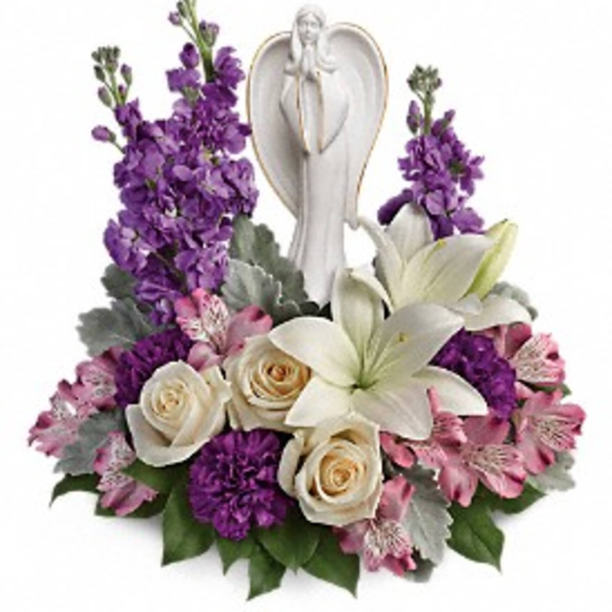Purple and white floral arrangement with an angel figurine