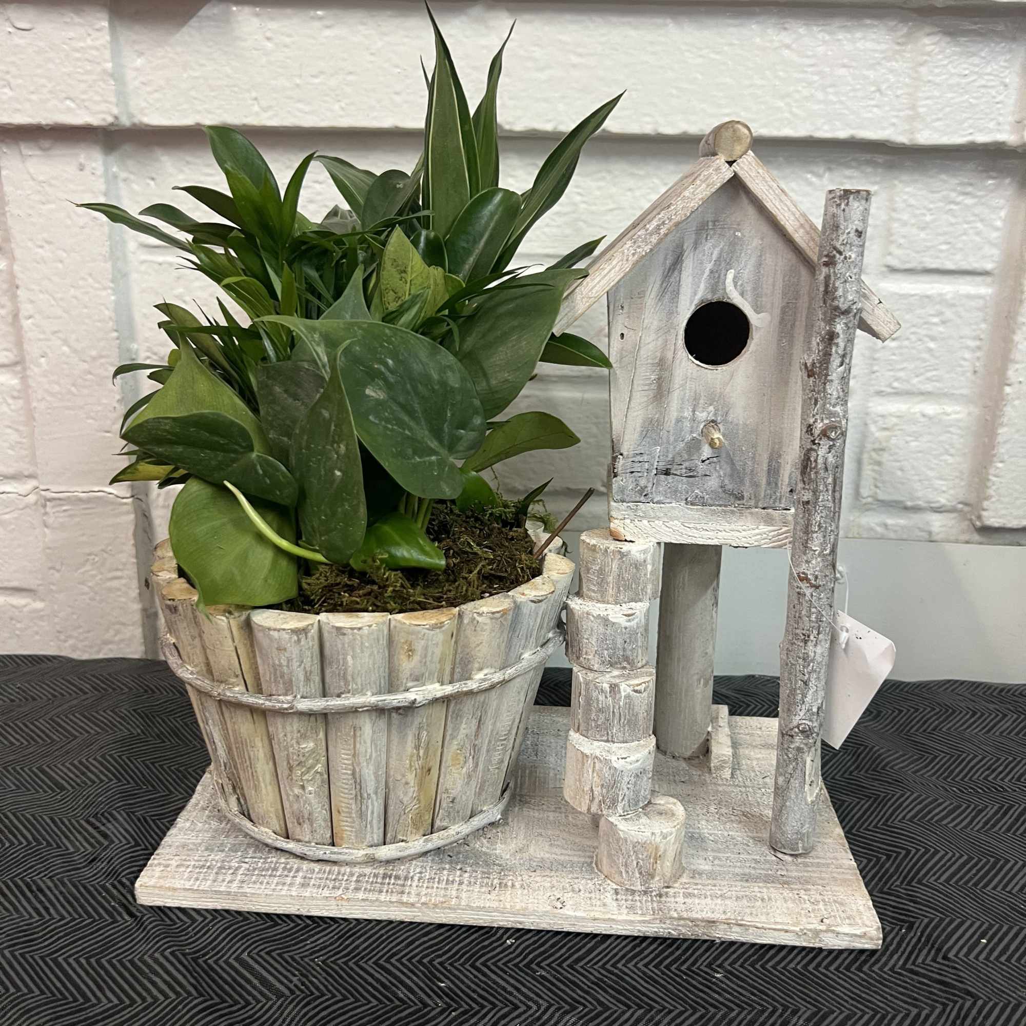 Potted green plant in a rustic wooden basket beside a small birdhouse decoration