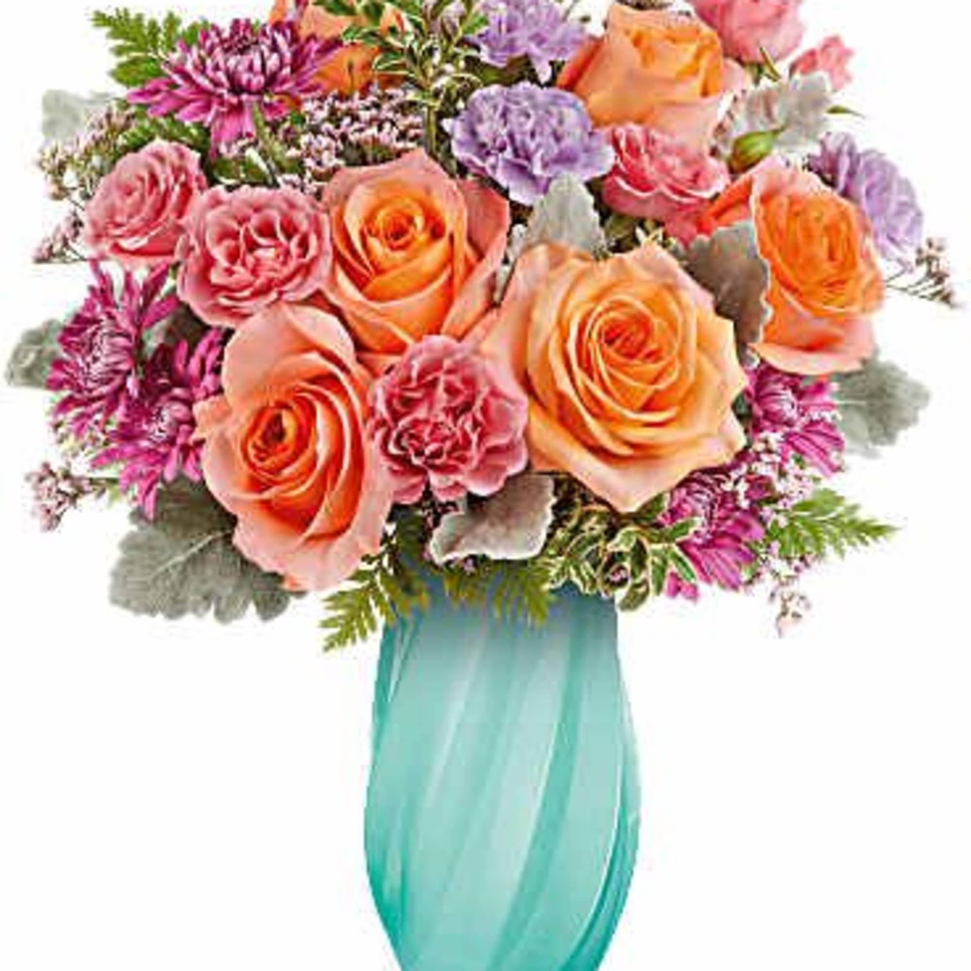 Bouquet of peach and pink roses with purple flowers in a turquoise vase