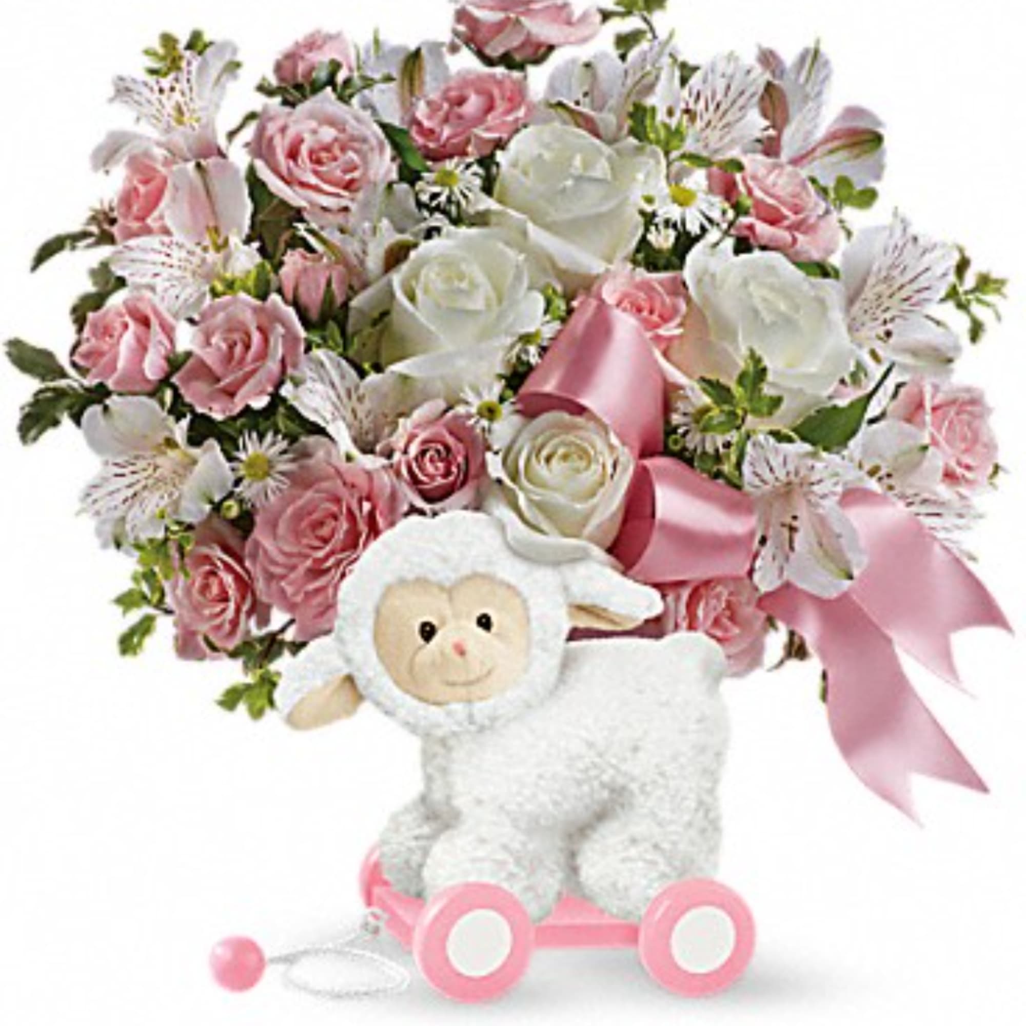 Pink and white rose bouquet with a plush lamb on pink wheels
