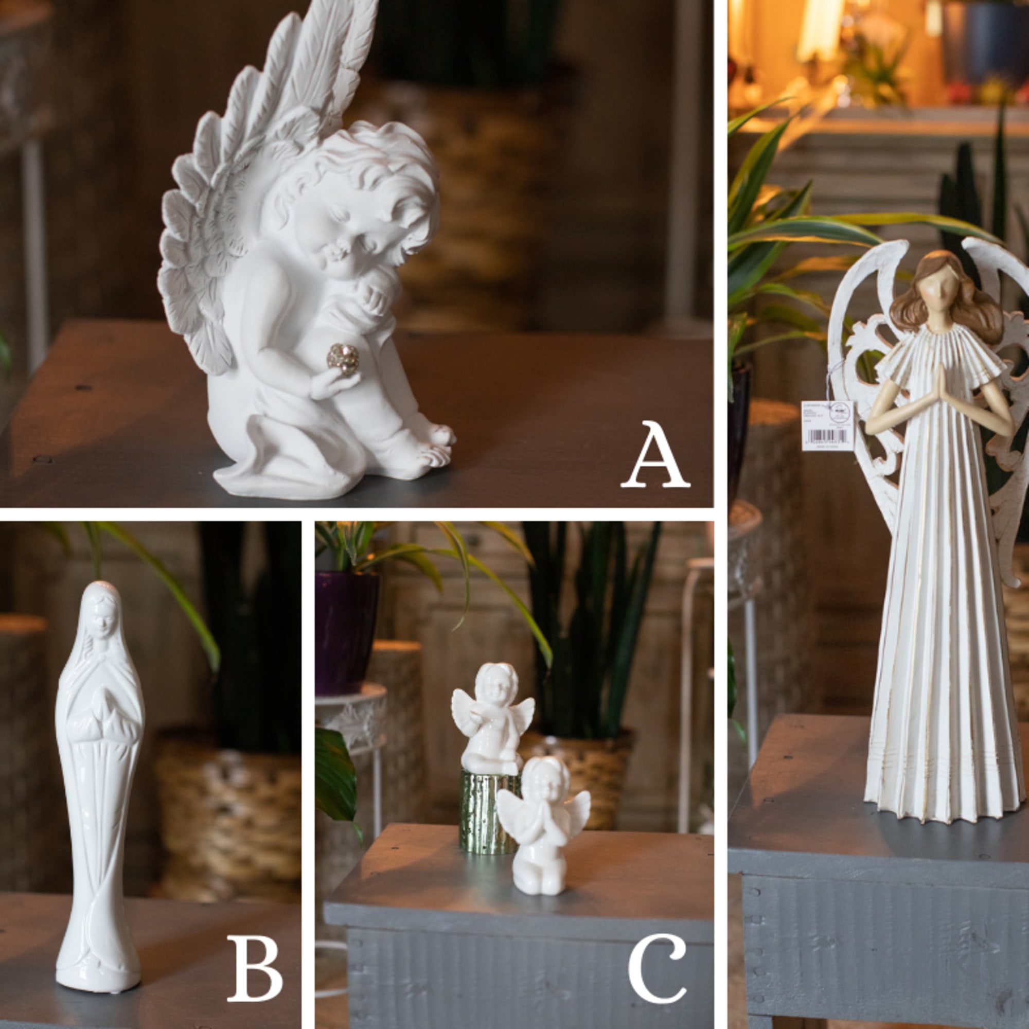 White angel figurines displayed on a table in four styles