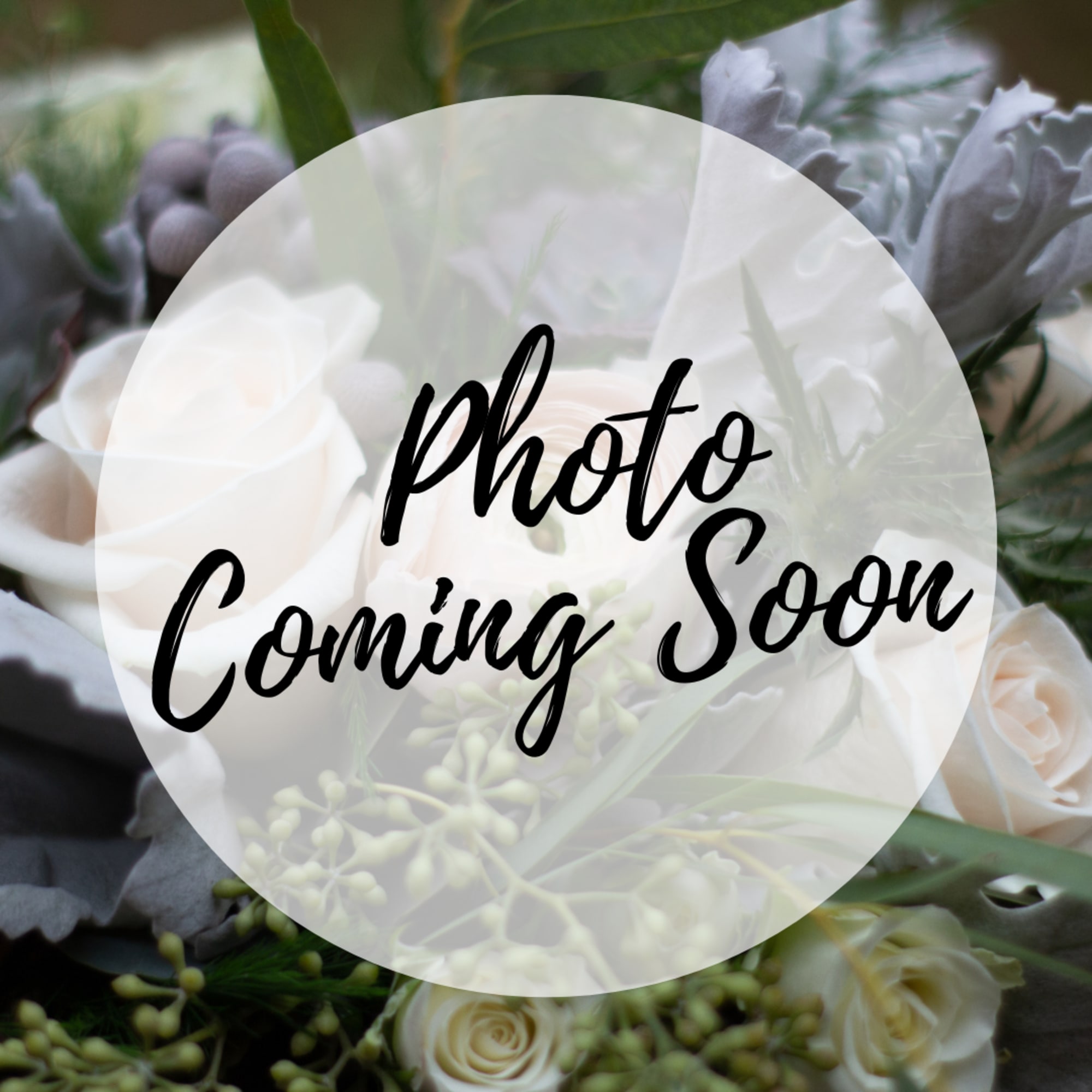 White roses and gray flowers with a "Photo Coming Soon" overlay