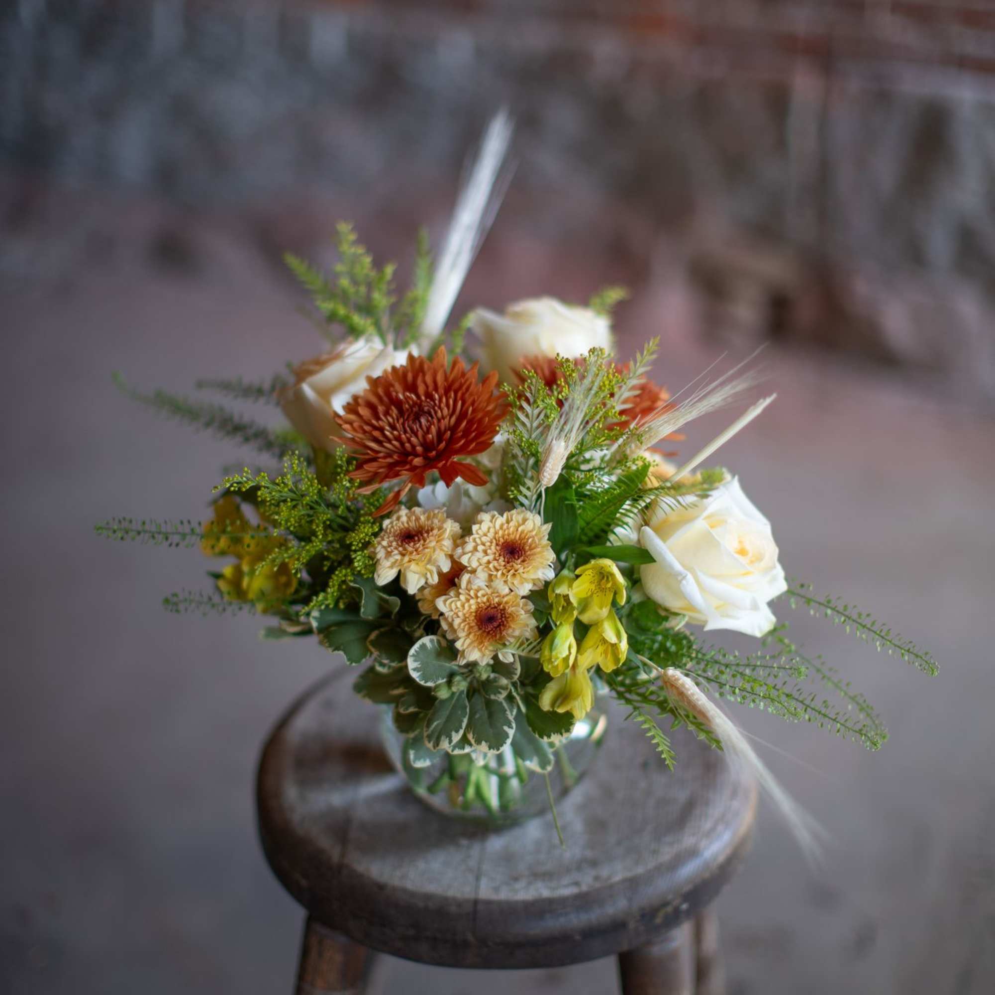 Wonderful bleached wheat whisps from pretty vintage-toned fall blooms in a shallow, photo 3 of 3
