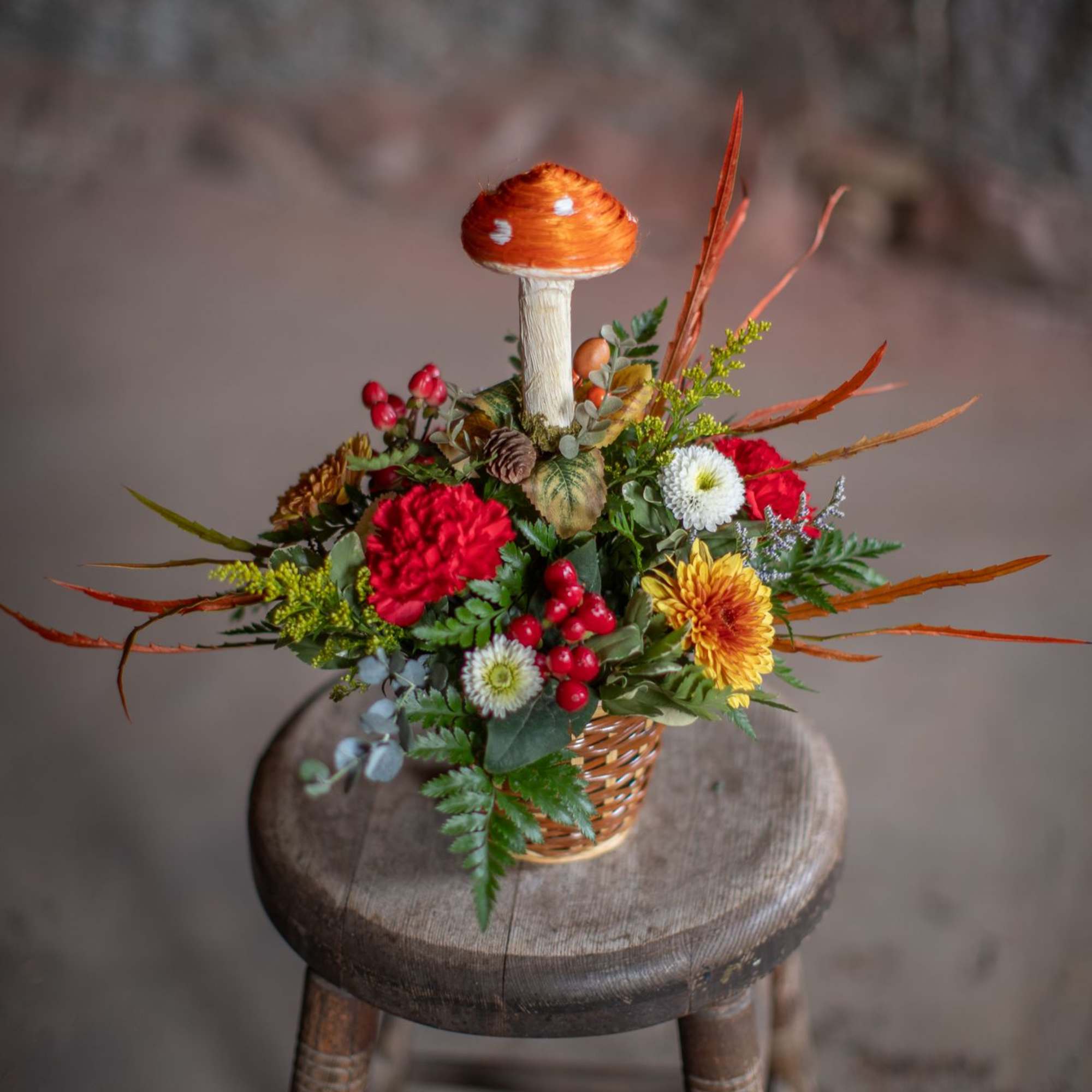 This fun-guy basket is sure to be a conversation piece. Mushrooms are