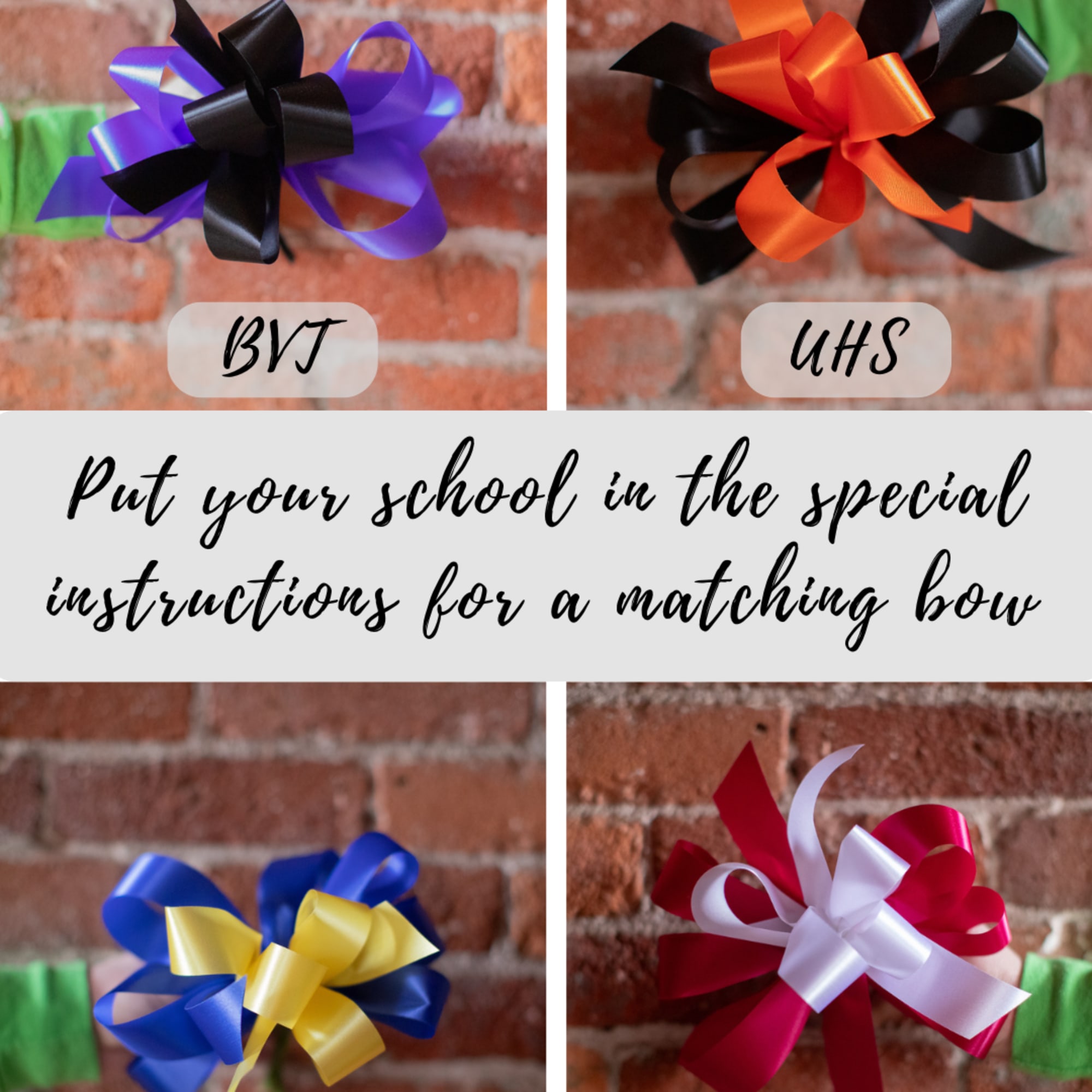 Four colorful ribbon bows displayed on a brick wall with school labels.