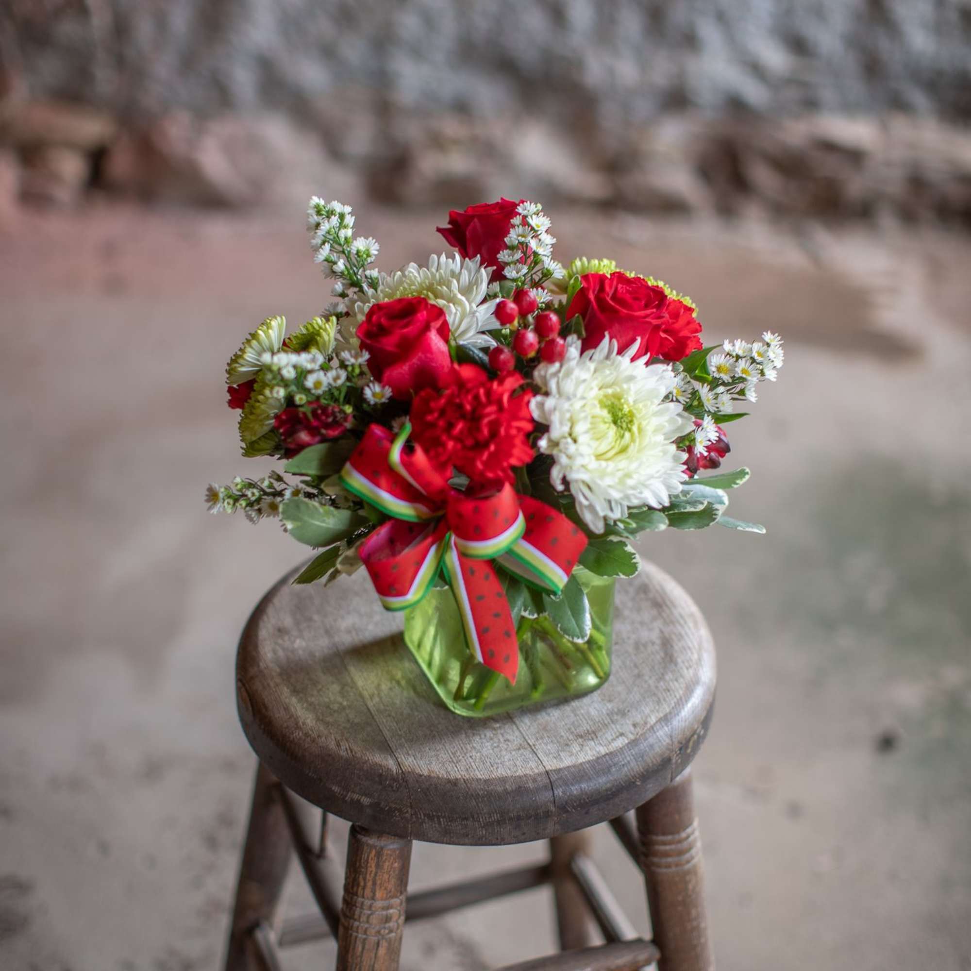 A fresh design of roses, cremons, carnations and button poms are arranged, photo 4 of 4