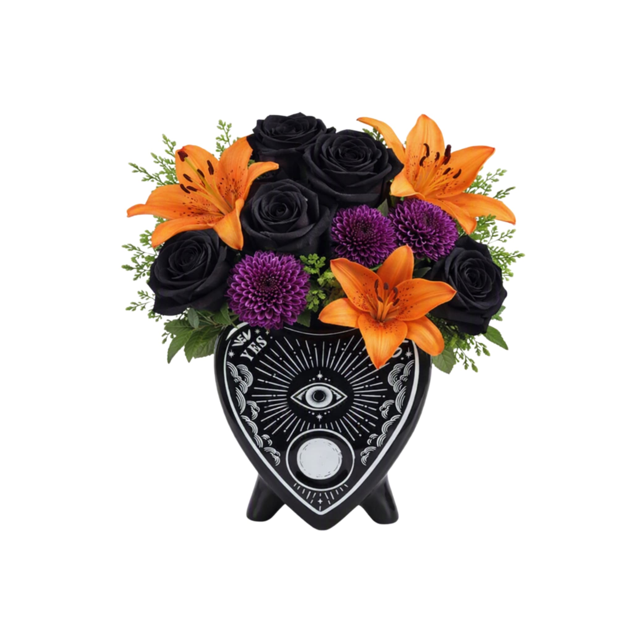 Black roses and orange lilies in a black decorative vase