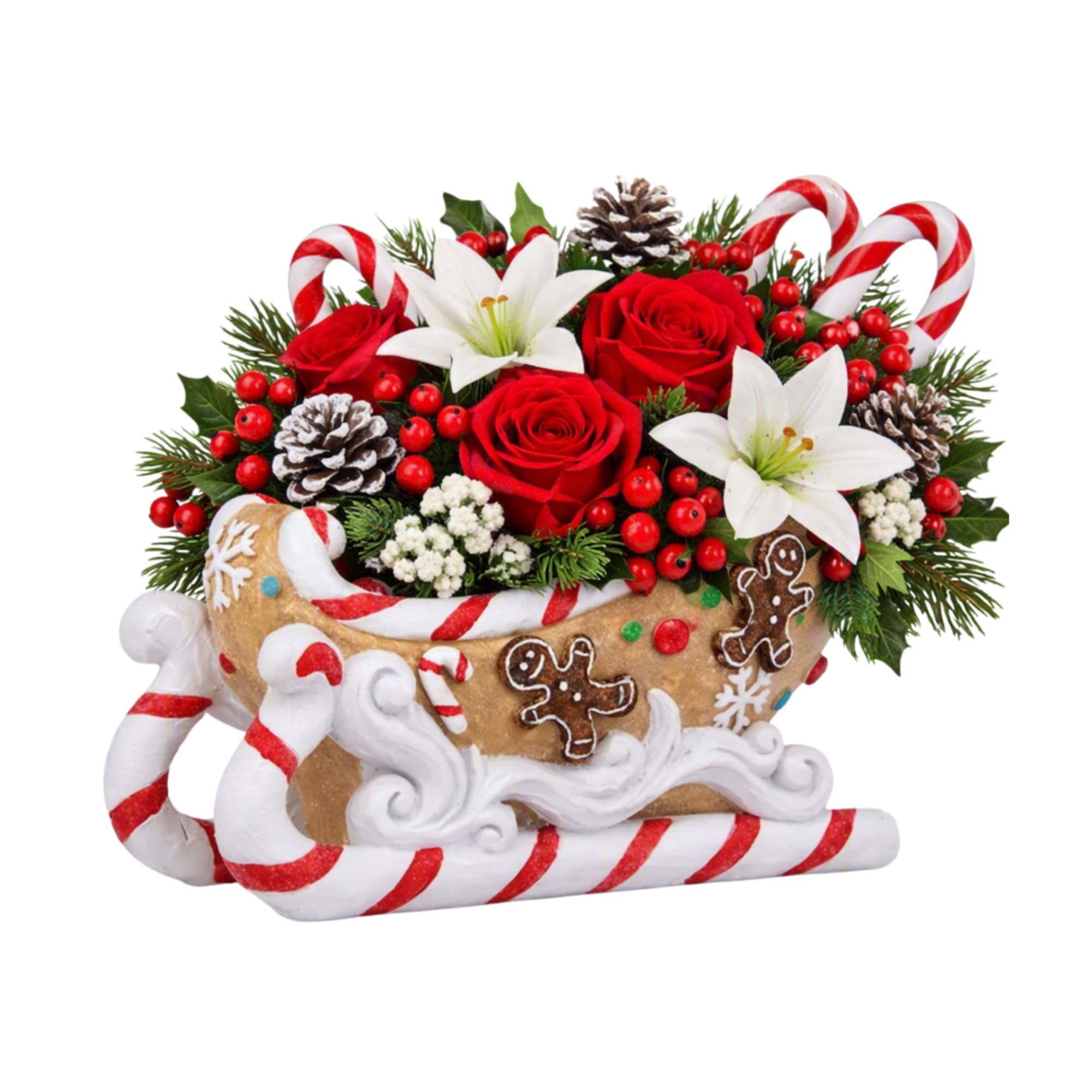 Christmas arrangement in a sleigh-shaped container with red roses and white lilies