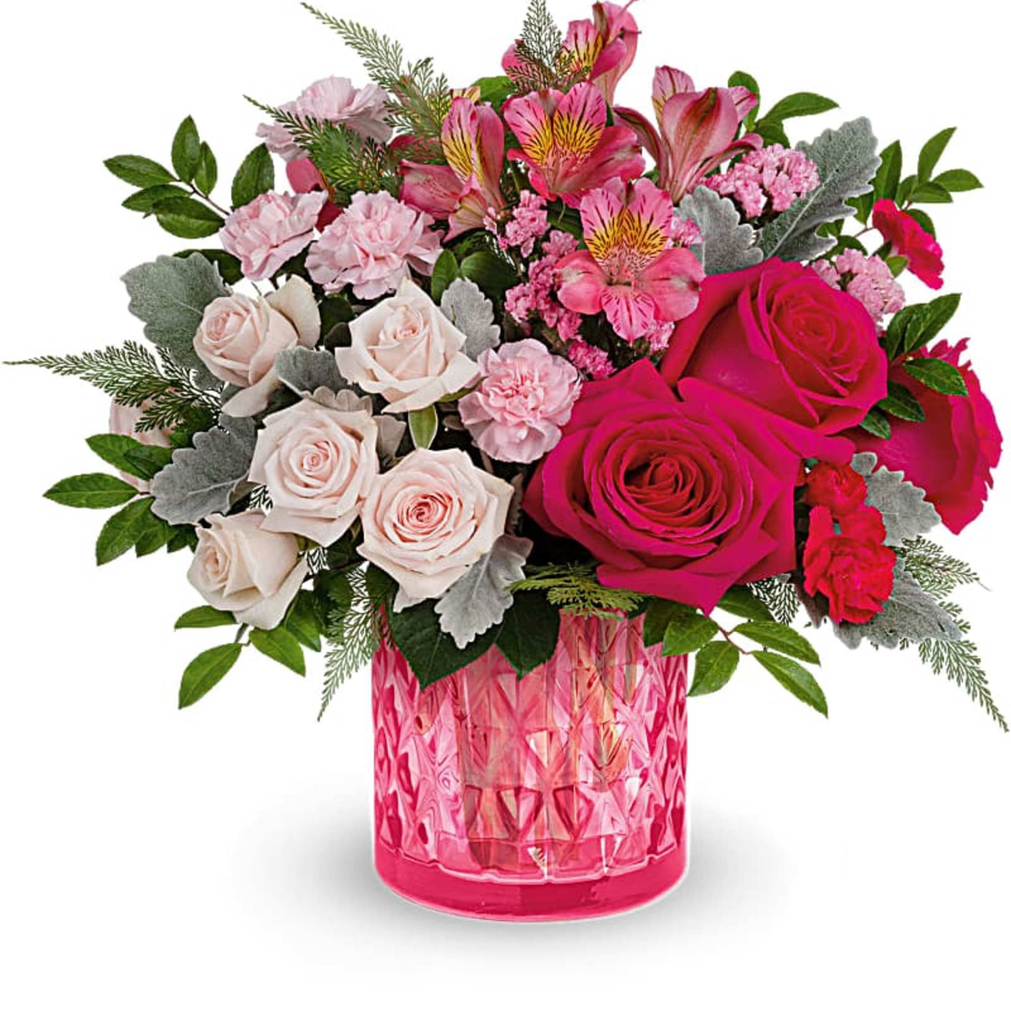 Pink and white flower bouquet in a pink glass vase