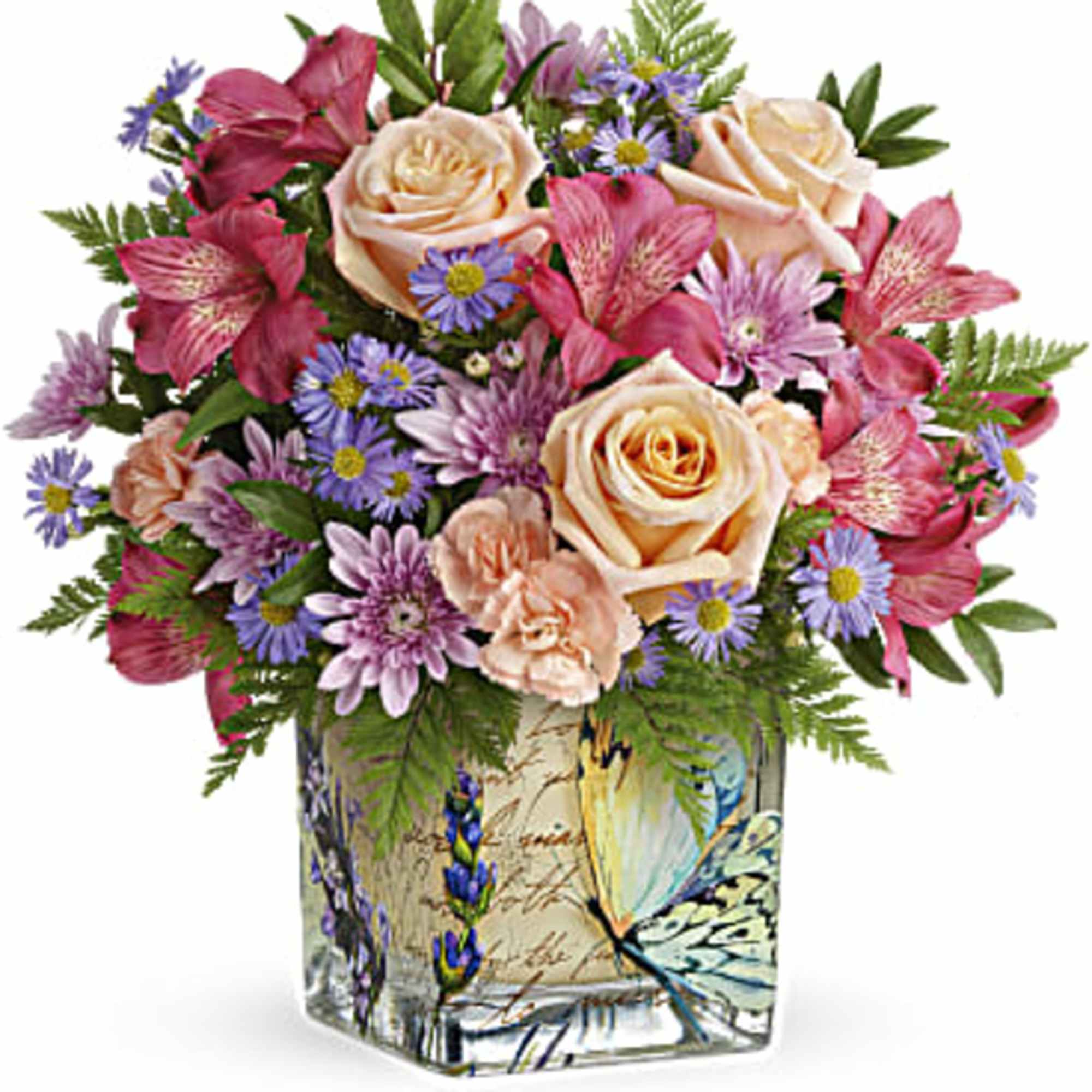 Bouquet of peach roses, pink alstroemeria, and purple daisies in a decorative glass vase