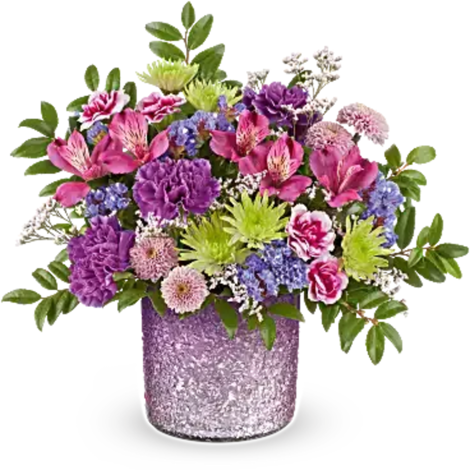 Mixed bouquet in a glittery purple vase with pink, purple, and green flowers