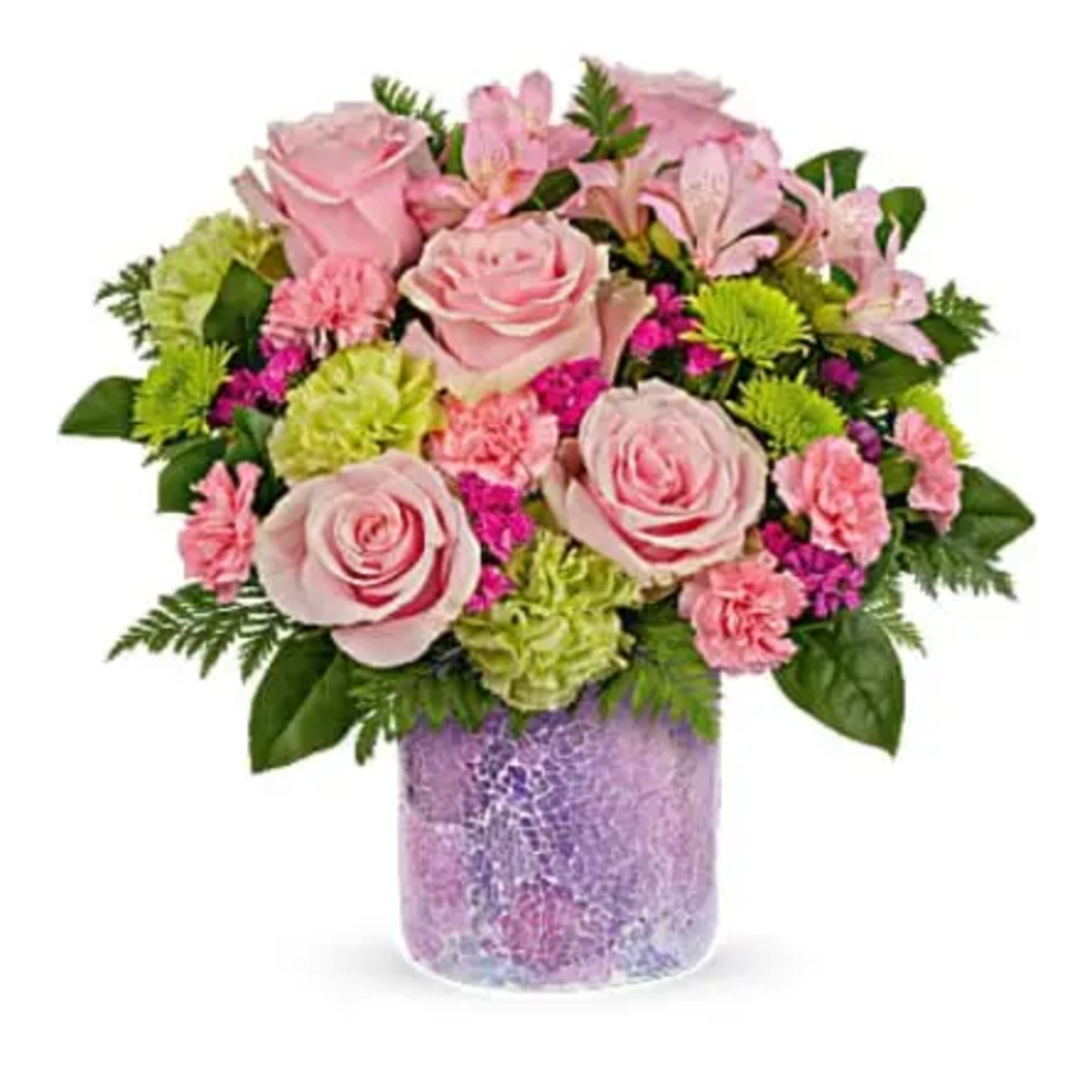 Pink roses and mixed flowers arranged in a purple vase