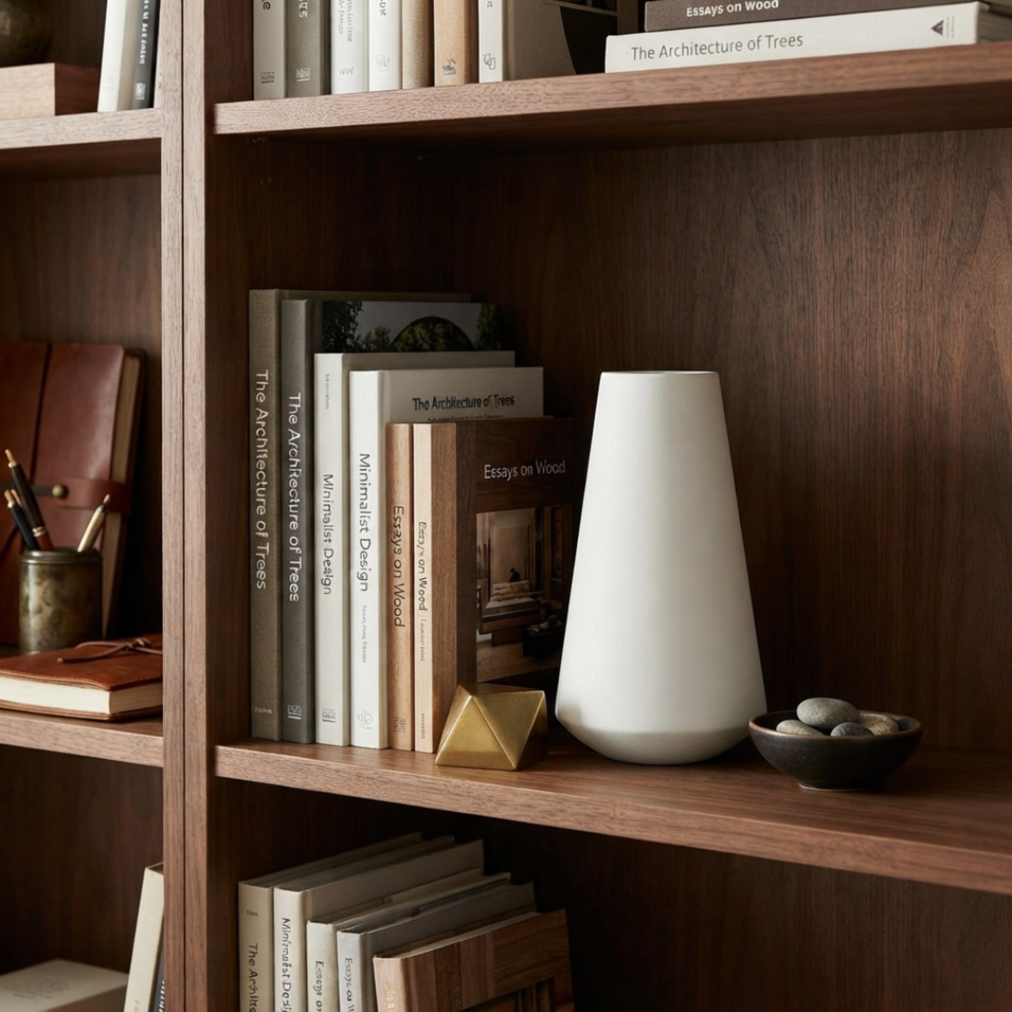 White ceramic vase on a wooden bookshelf with books and small decor objects