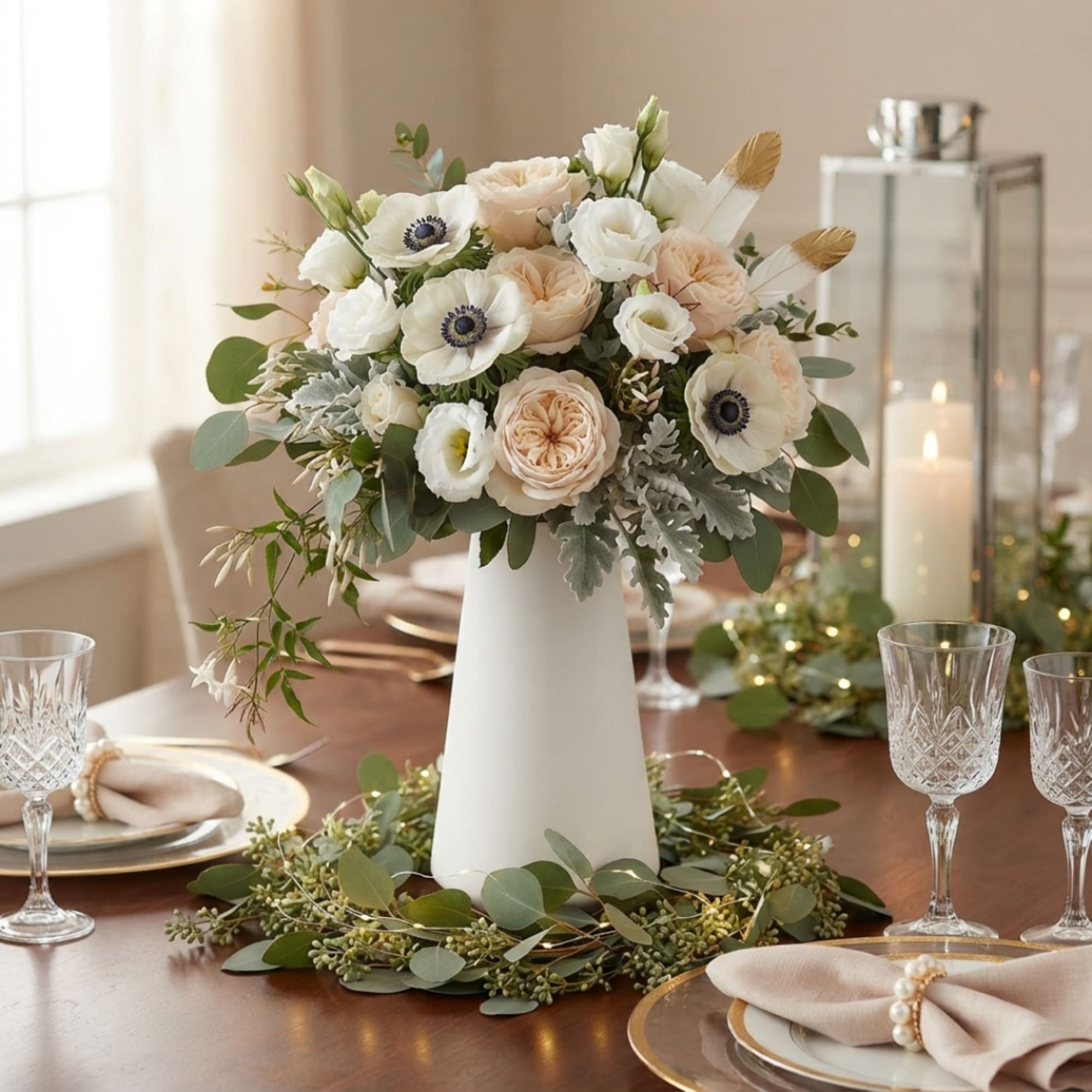 White and blush bouquet in a tall white vase on a decorated table