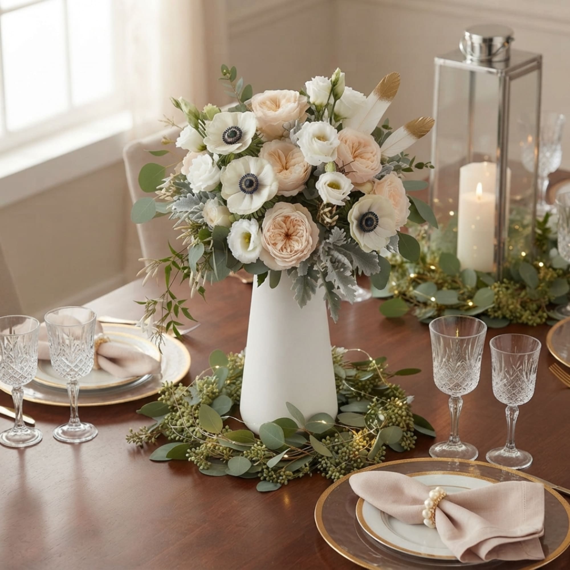 White and blush floral centerpiece in a tall white vase on a set table