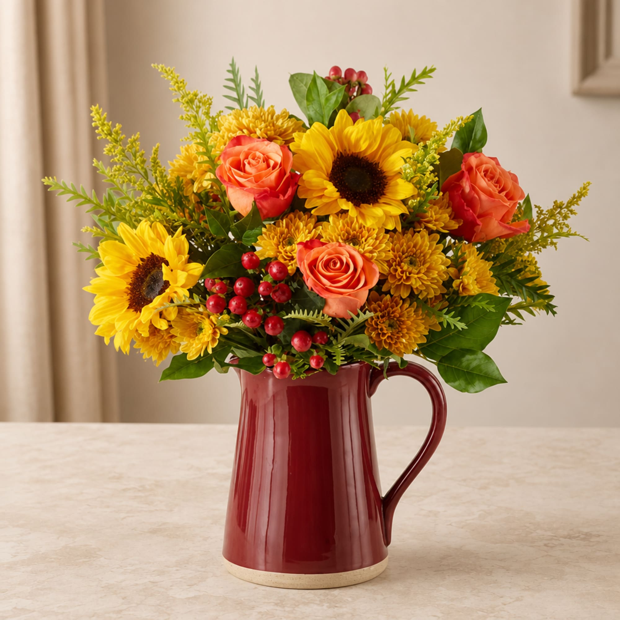Sunflowers and orange roses in a red ceramic pitcher vase