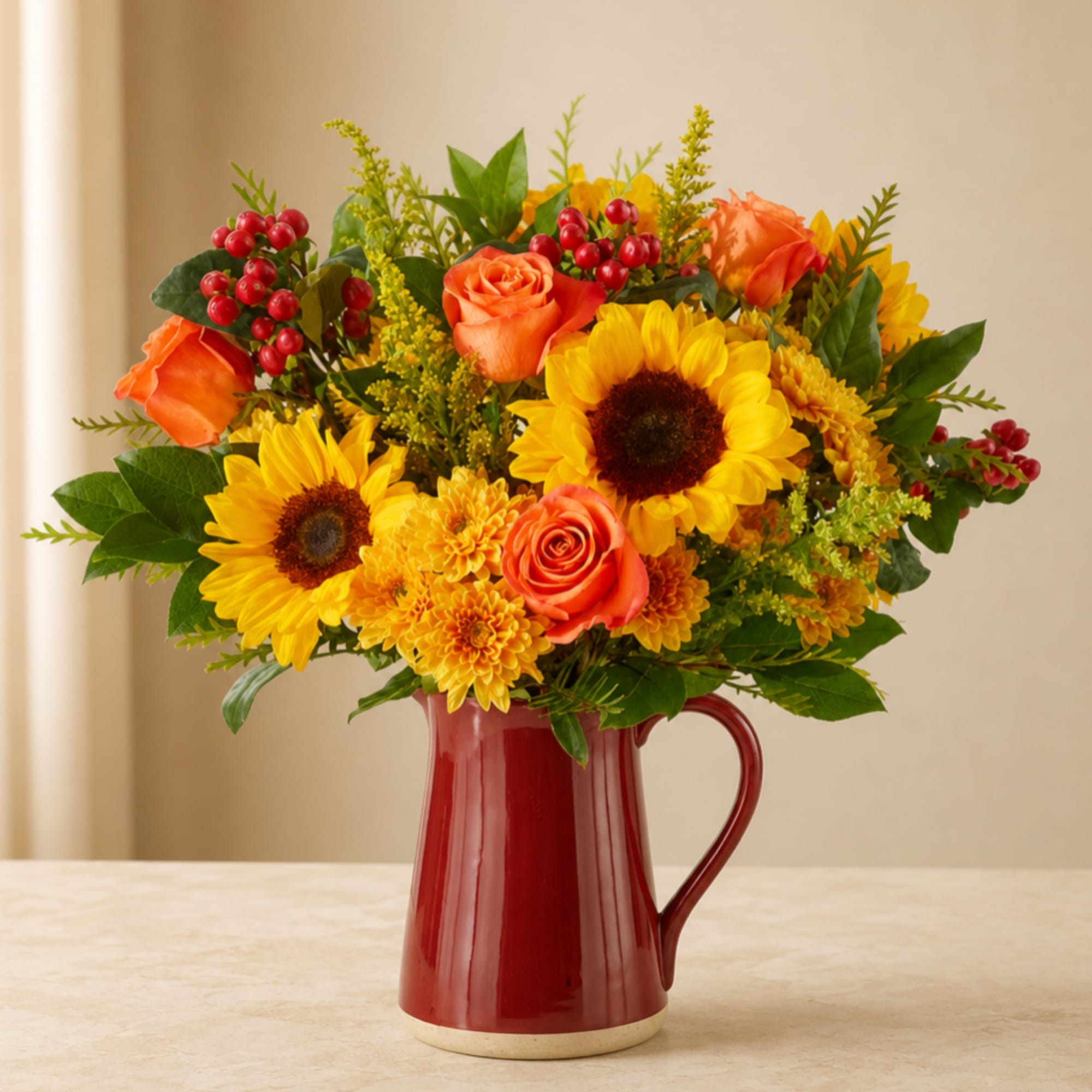 Orange roses and yellow sunflowers arranged in a red pitcher vase