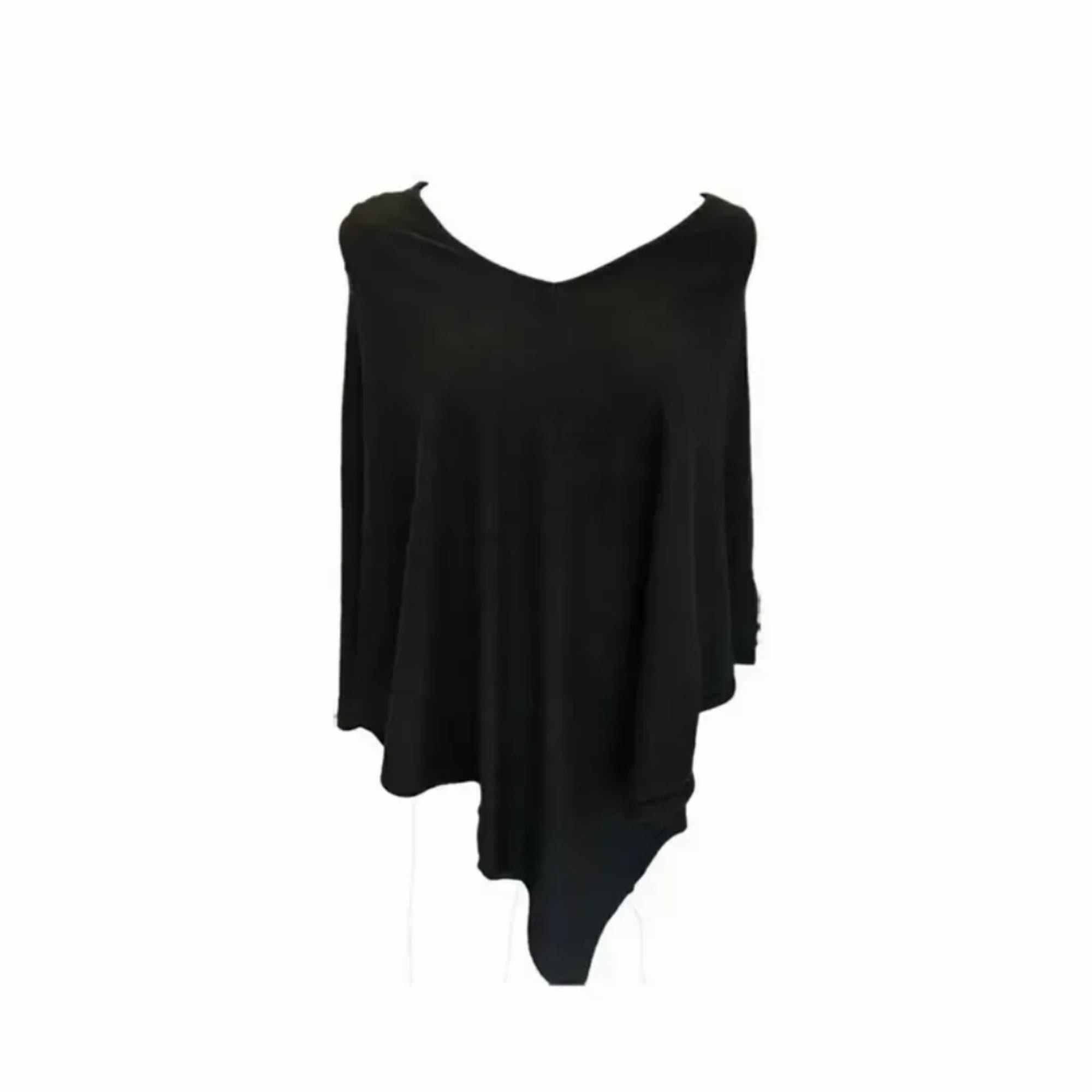Black draped garment with a V-neck hanging against a white background