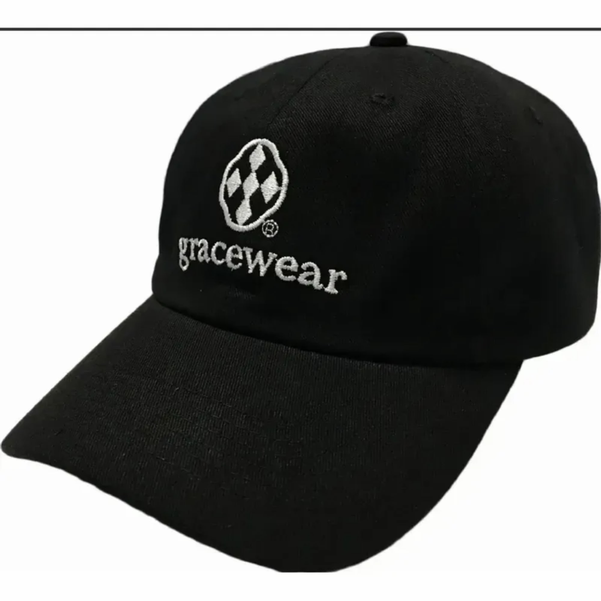Black baseball cap with a white embroidered logo and text