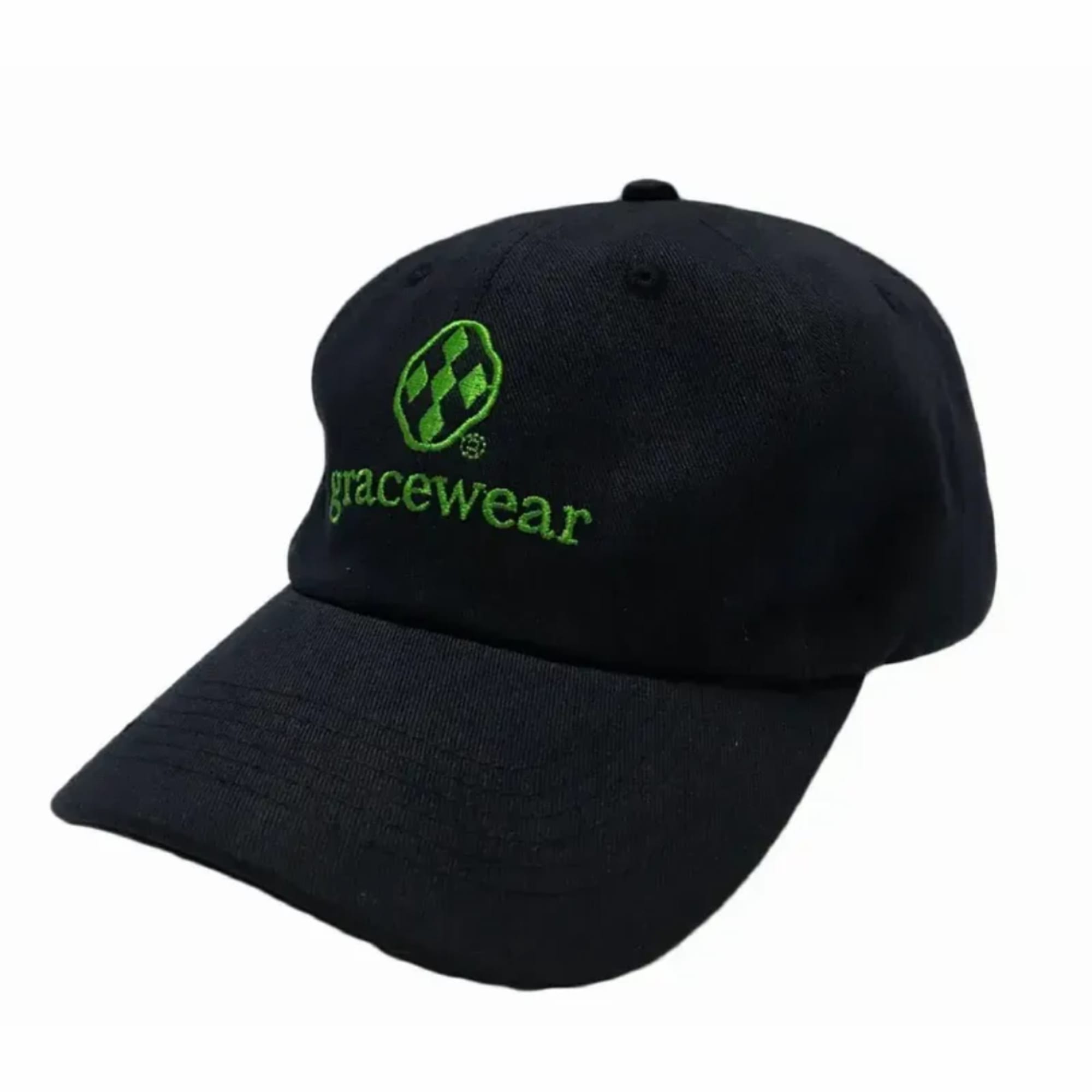 Black baseball cap with green embroidered logo and text