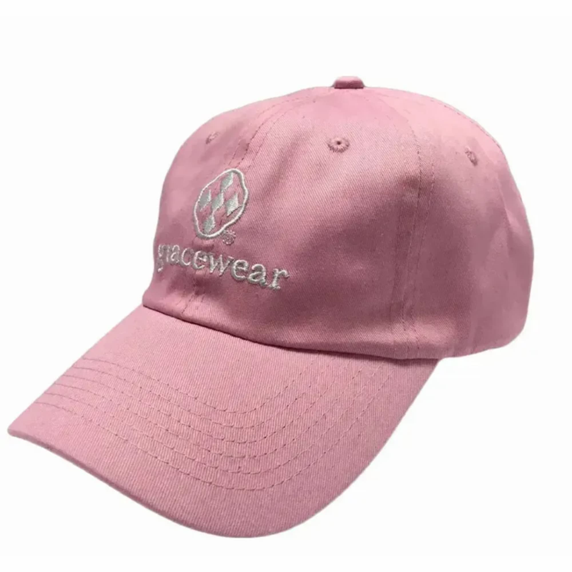 Pink baseball cap with embroidered logo on a white background