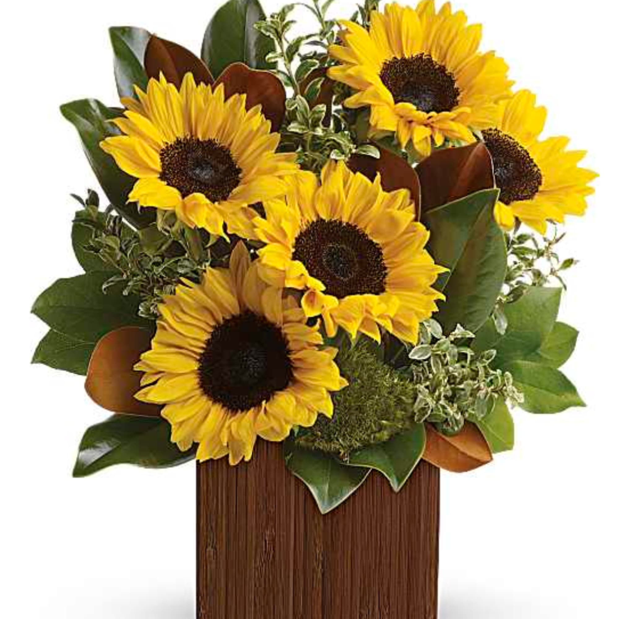Sunflower arrangement in a tall rectangular wooden vase