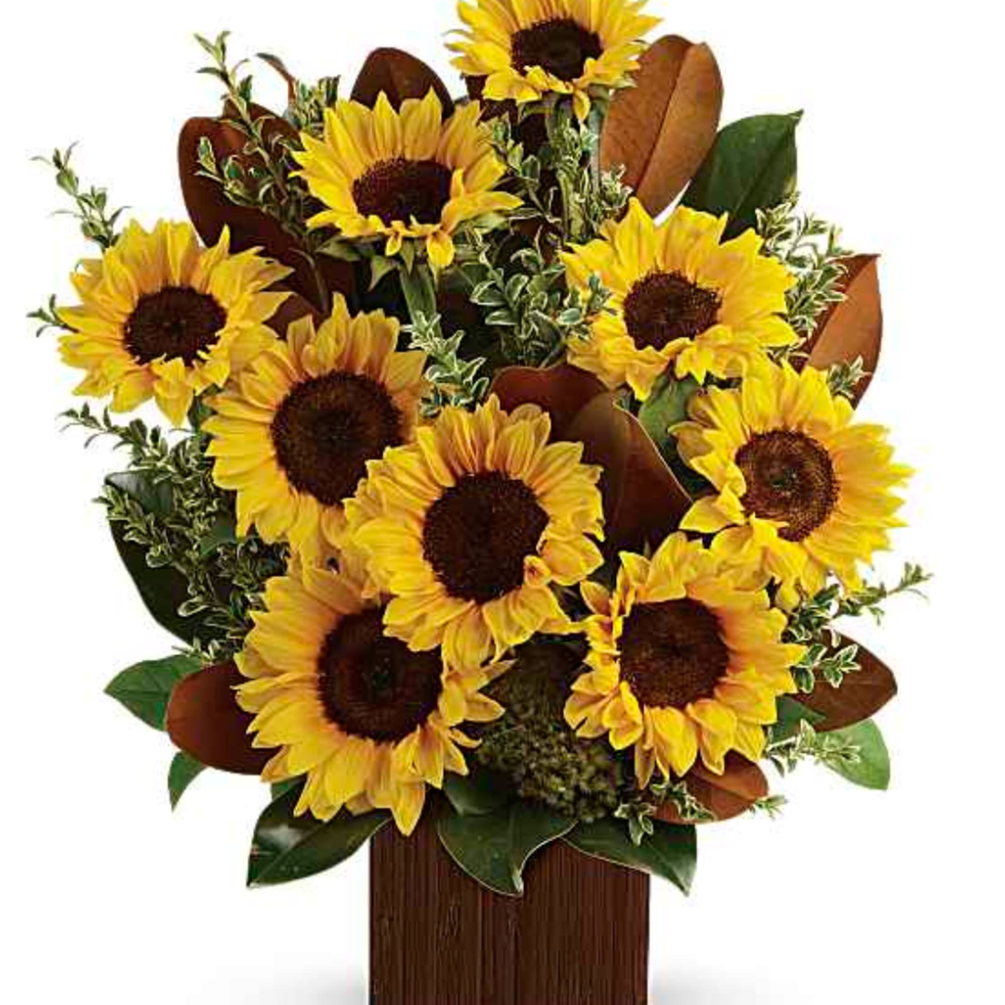 Bouquet of yellow sunflowers in a wooden container
