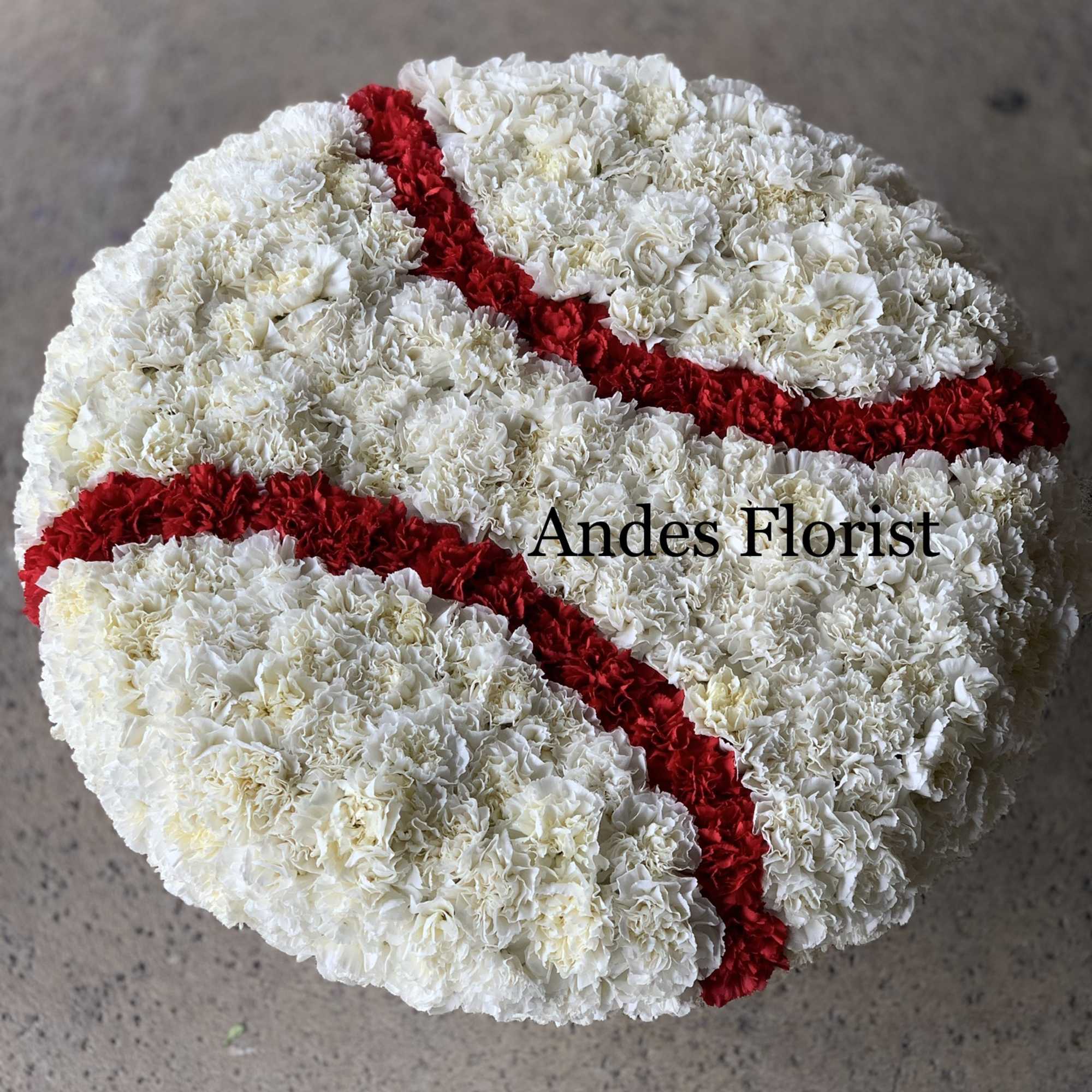 Round white carnation arrangement with red diagonal stripes