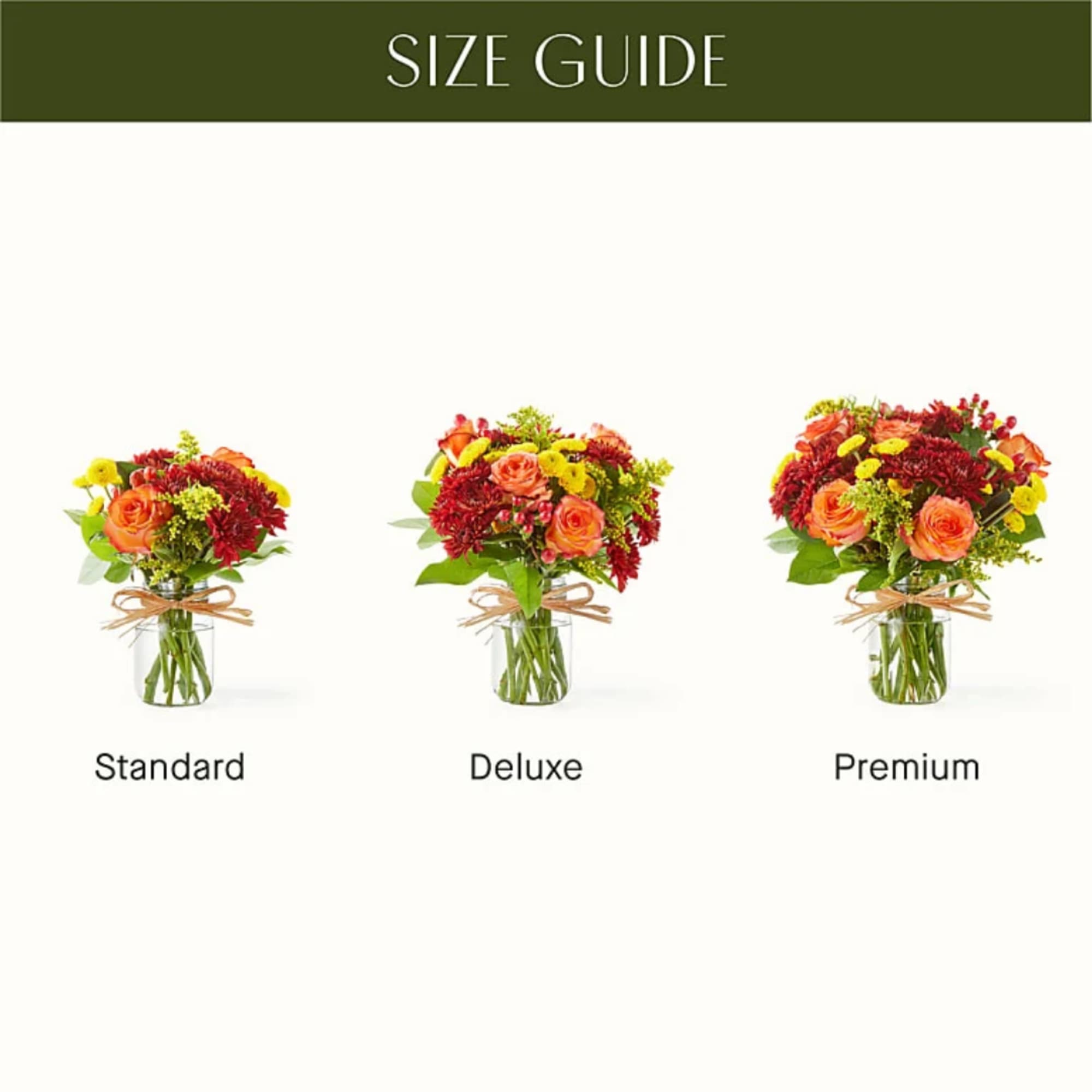 Three mixed flower bouquets in glass vases labeled standard, deluxe, and premium