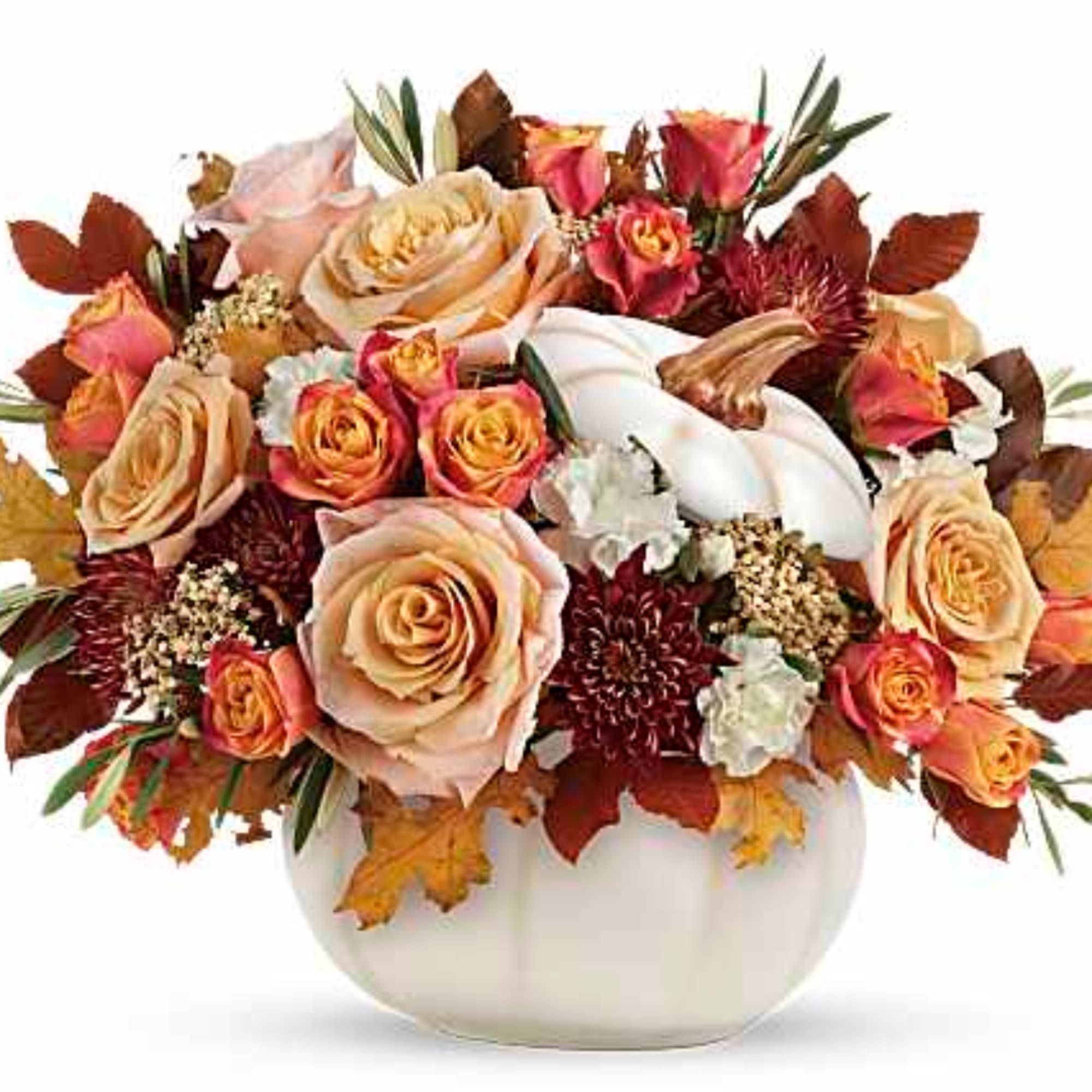 Mixed roses and mums in a white pumpkin-shaped vase
