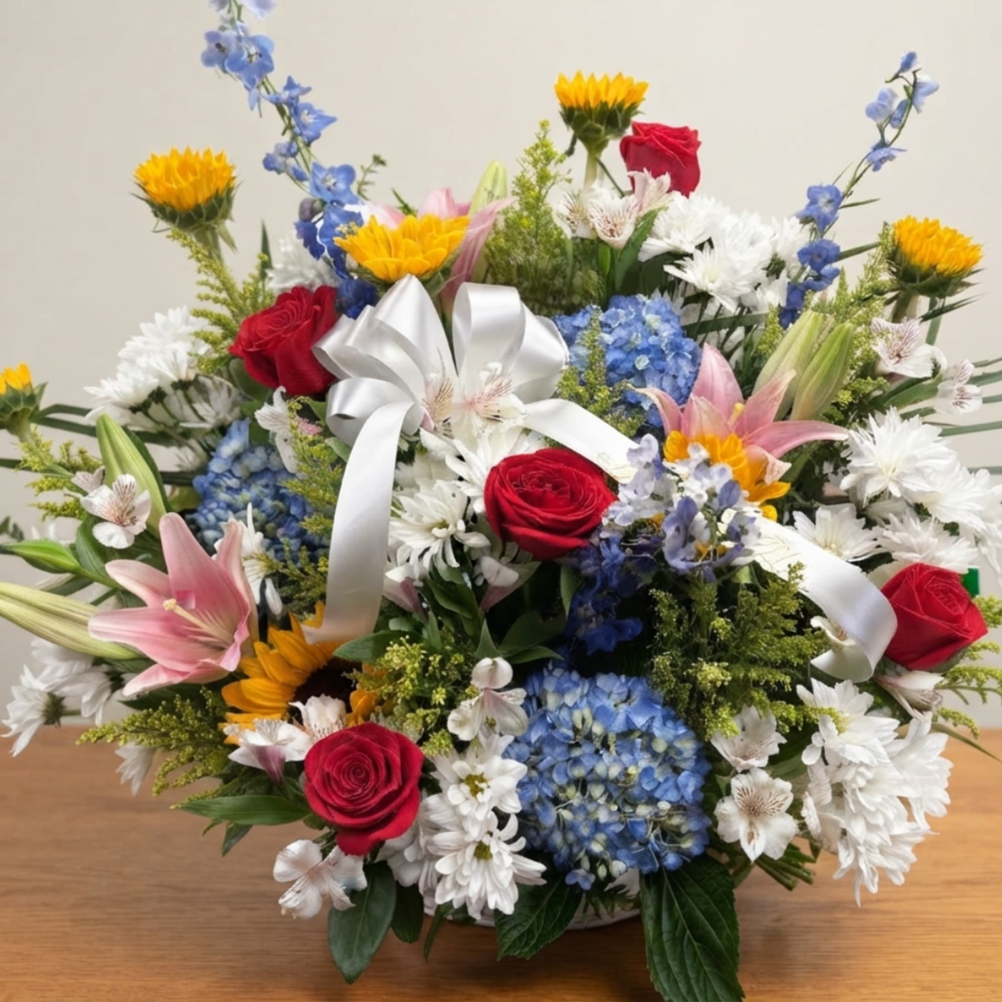 Mixed bouquet with red roses, blue hydrangeas, white daisies, and pink lilies in a white ribboned arrangement