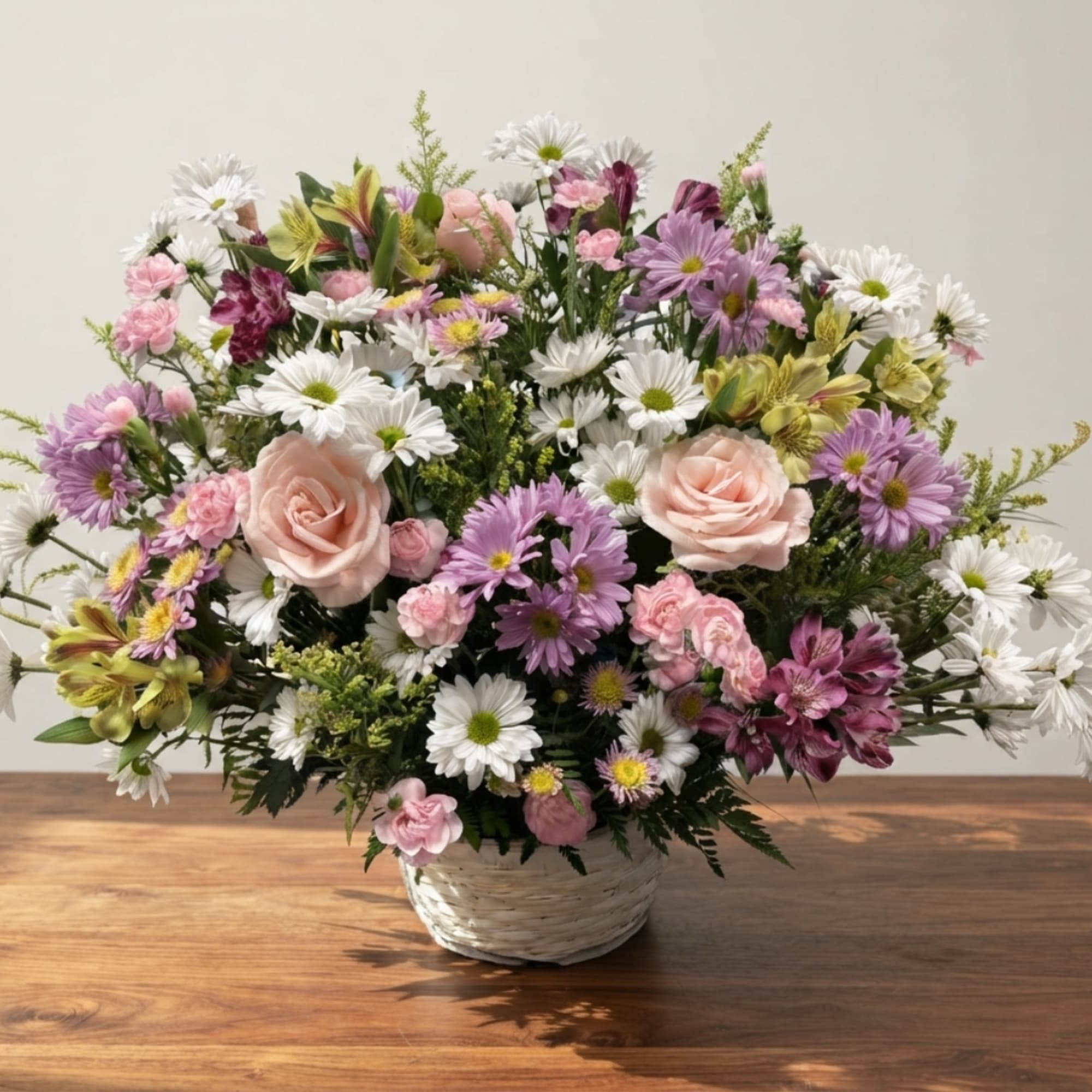 Mixed pink, white, and purple flowers arranged in a white basket