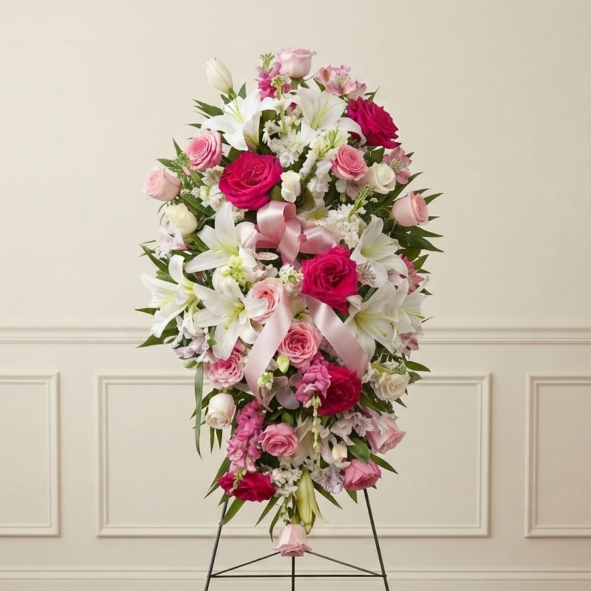Pink and white floral standing spray on an easel with ribbon