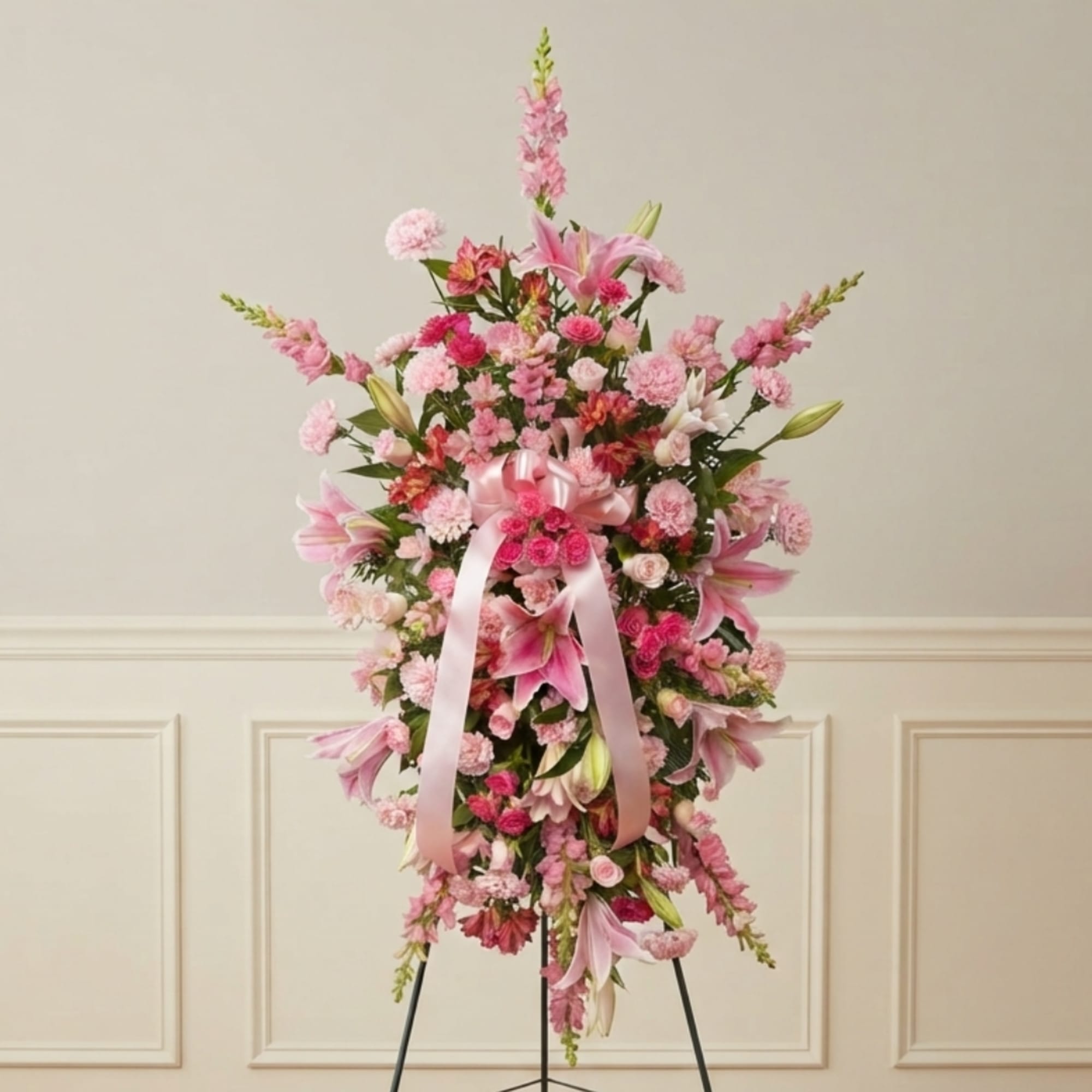 Pink floral standing spray with lilies and a ribbon on an easel