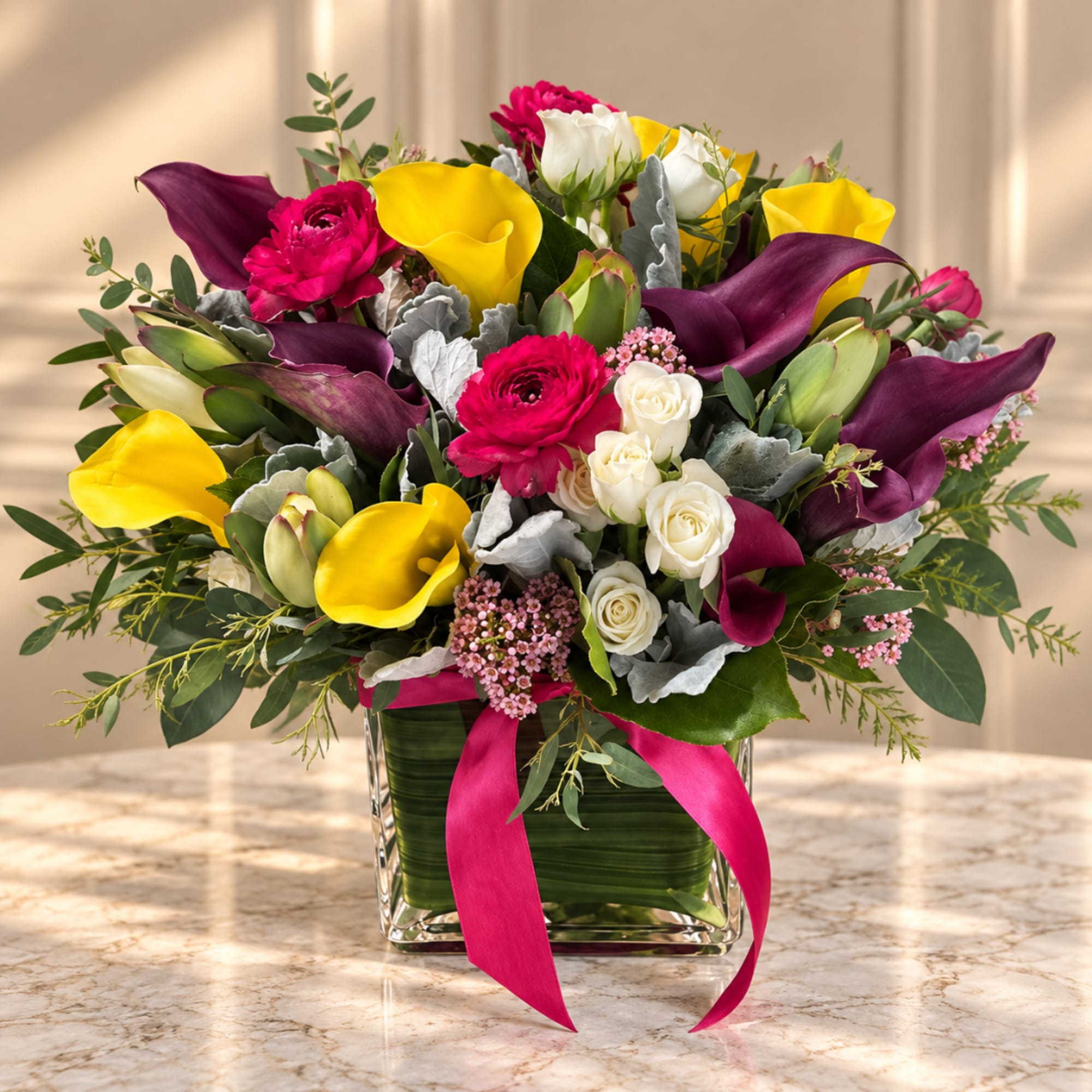 Mixed bouquet with yellow and purple calla lilies in a glass vase